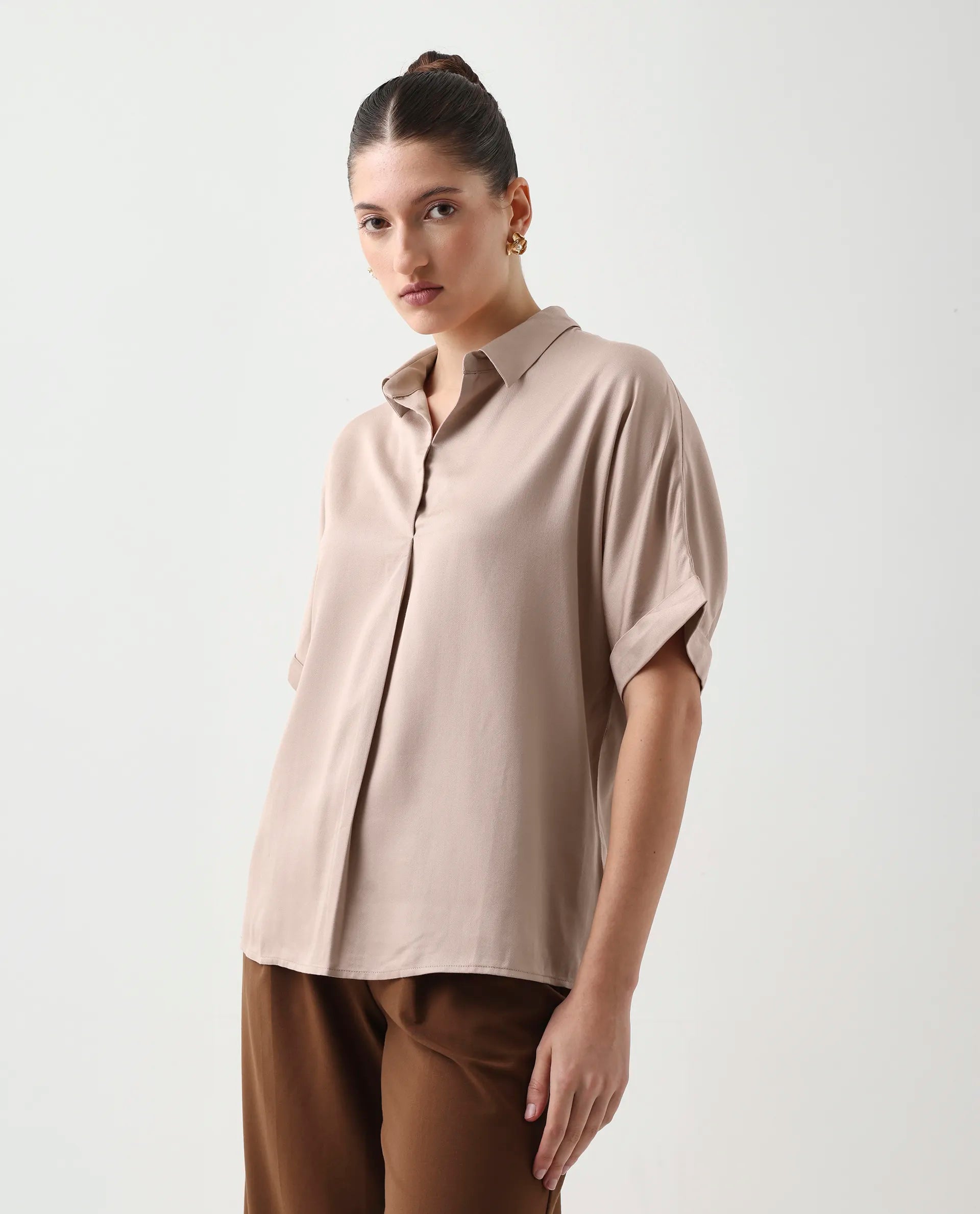 Rareism Women's Nudim Beige Viscose Extended Sleeves Jonny Collar Boxy Fit Plain Top
