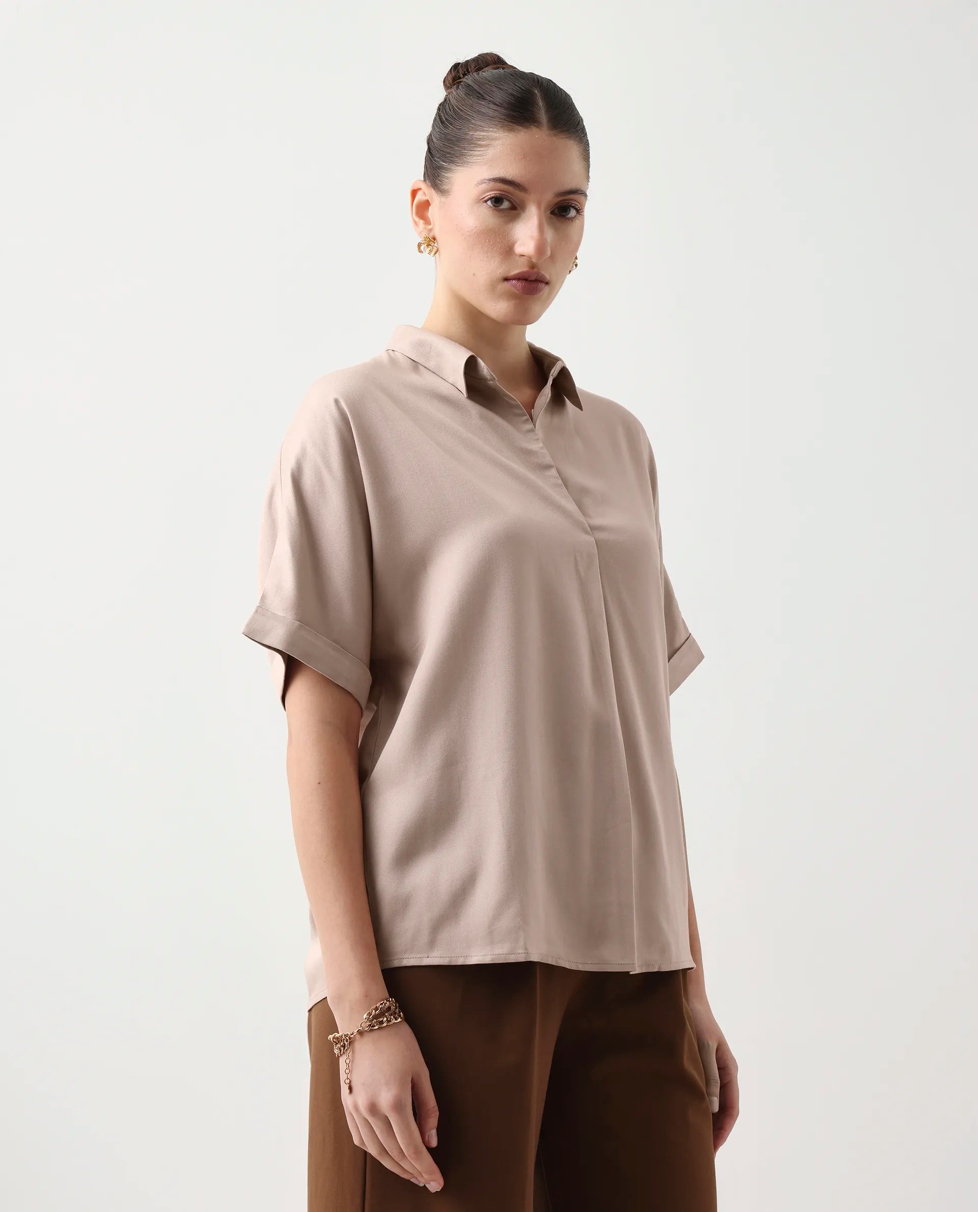 Rareism Women's Nudim Beige Viscose Extended Sleeves Jonny Collar Boxy Fit Plain Top