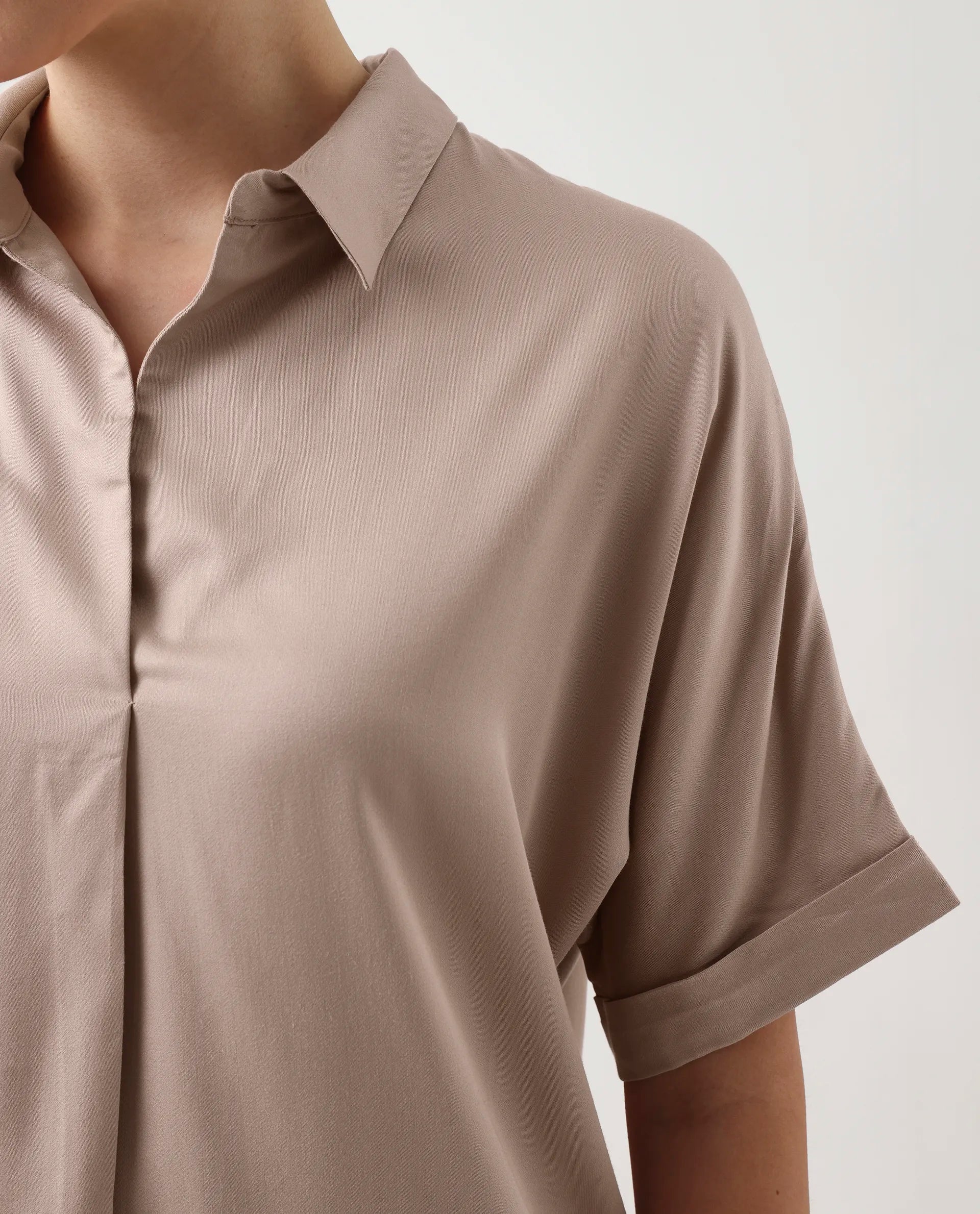 Rareism Women's Nudim Beige Viscose Extended Sleeves Jonny Collar Boxy Fit Plain Top