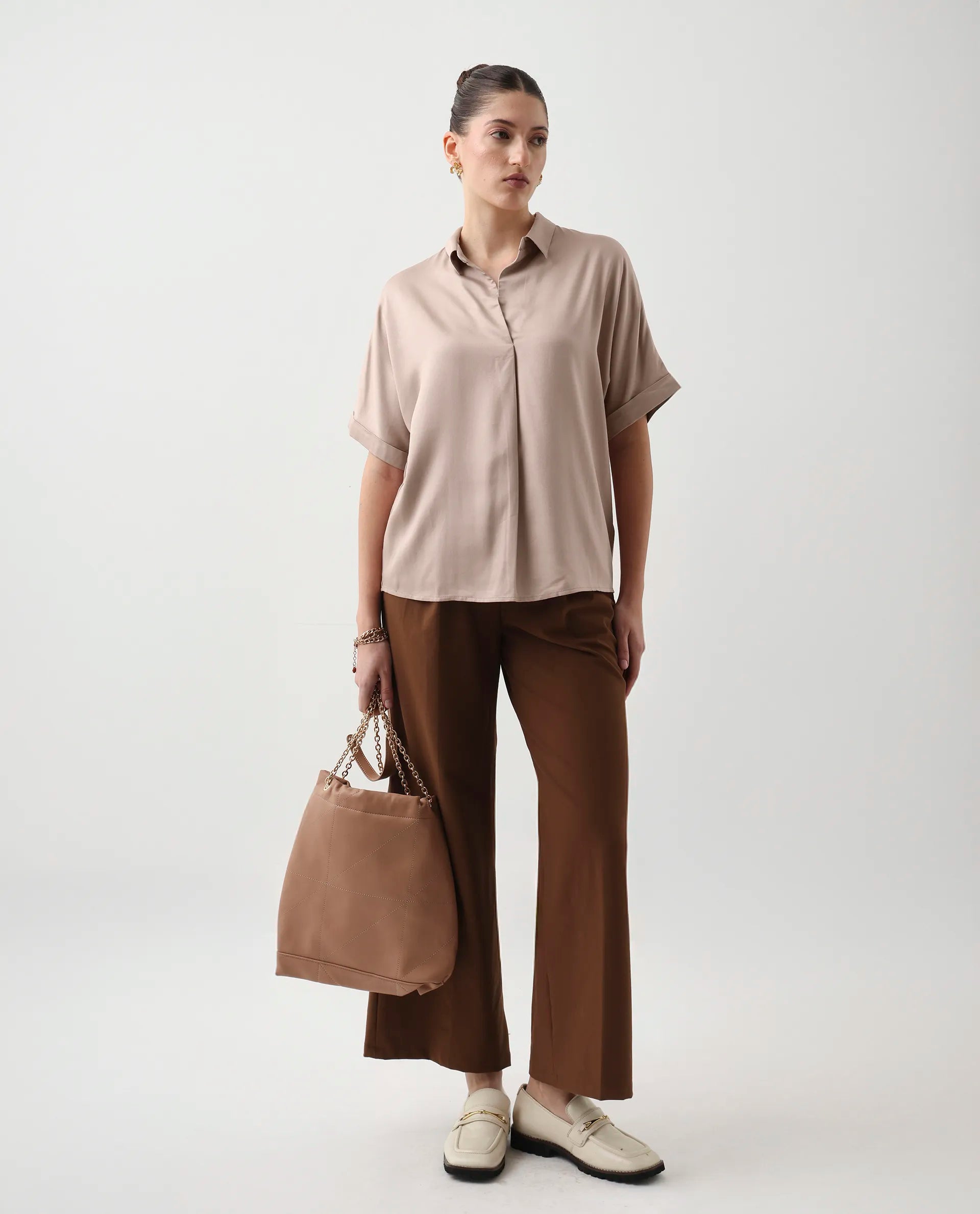 Rareism Women's Nudim Beige Viscose Extended Sleeves Jonny Collar Boxy Fit Plain Top