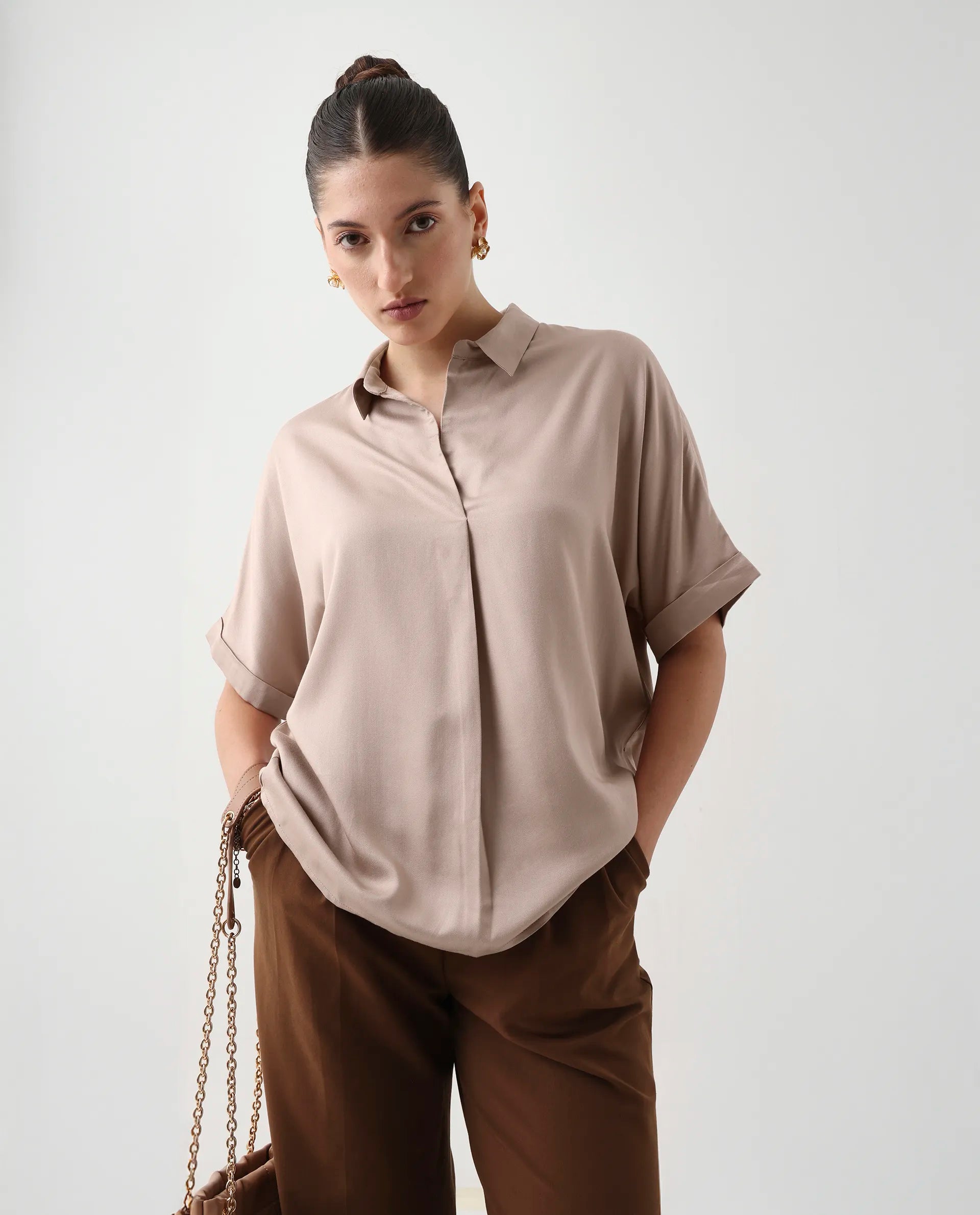 Rareism Women's Nudim Beige Viscose Extended Sleeves Jonny Collar Boxy Fit Plain Top