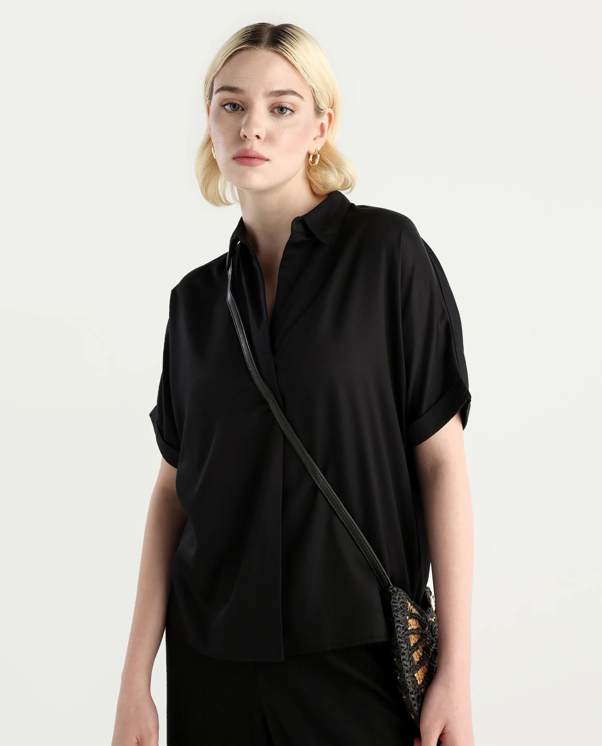 Rareism Women Nudim Black Extended Sleeves Jonny Collar Boxy Fit Plain Top