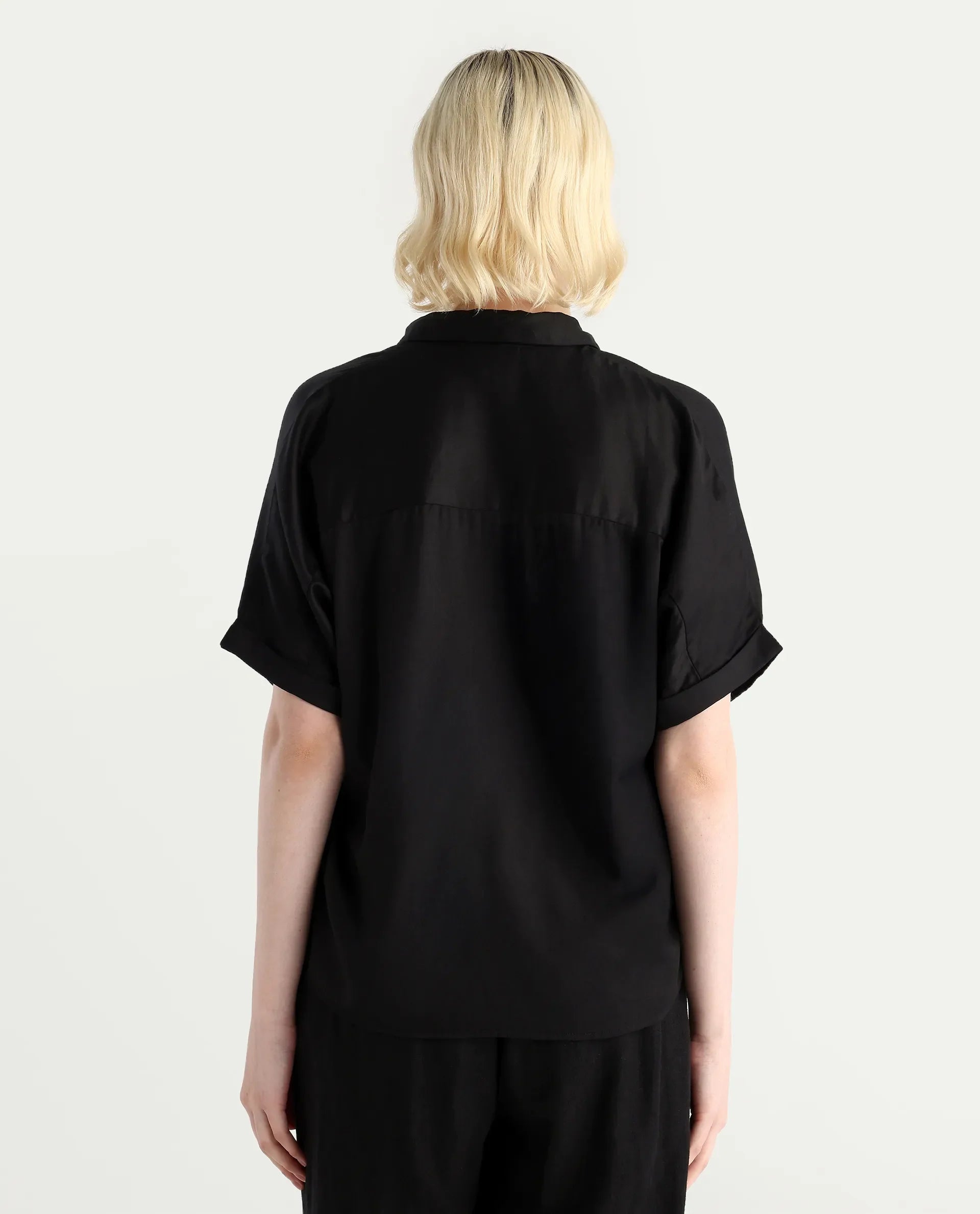 Rareism Women Nudim Black Extended Sleeves Jonny Collar Boxy Fit Plain Top