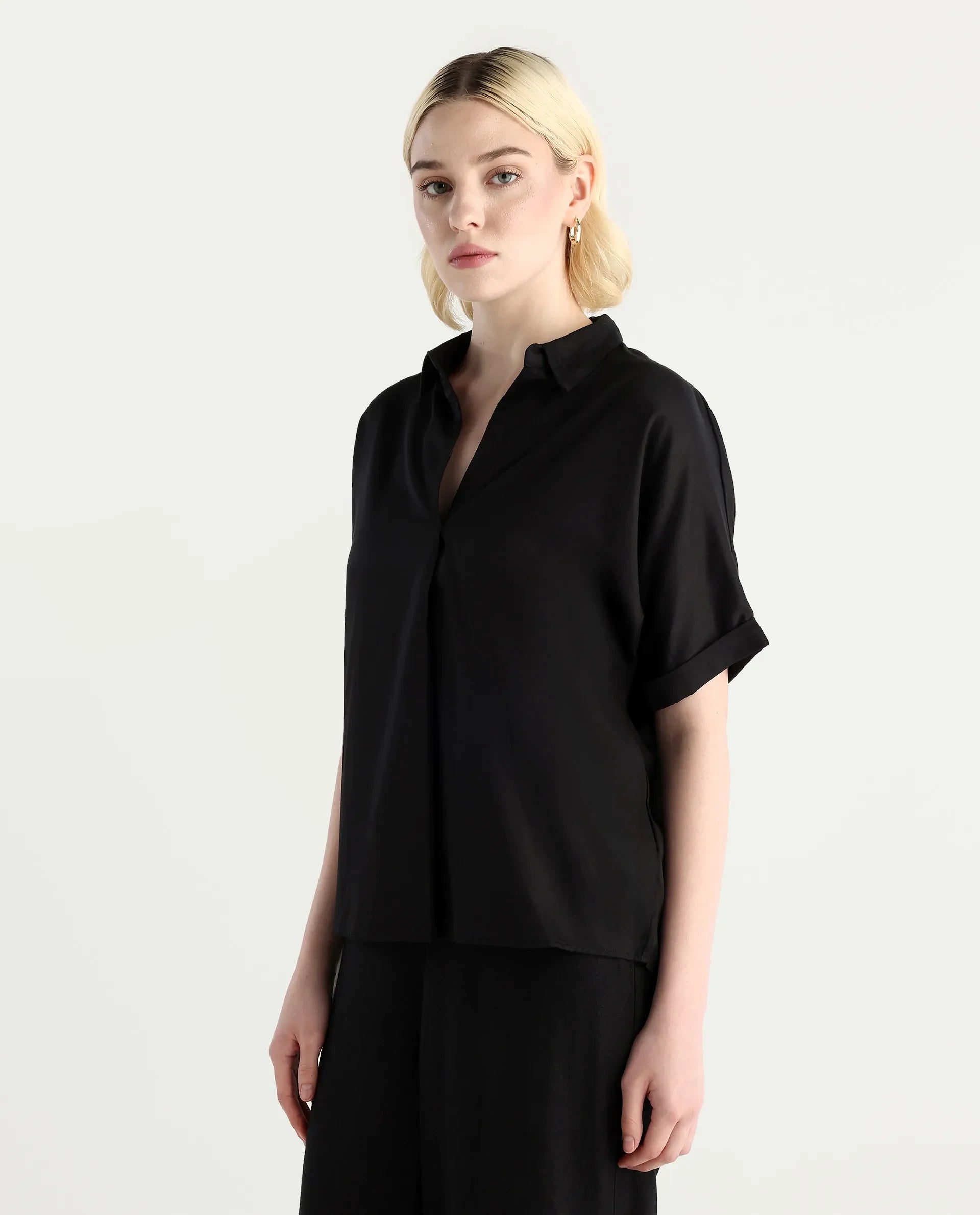 Rareism Women Nudim Black Extended Sleeves Jonny Collar Boxy Fit Plain Top
