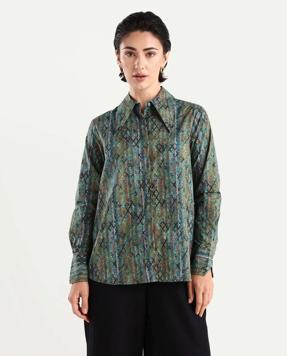 Rareism Women's Nudo Multi Cotton Spread Collar Abstract Print Regular Fit Top