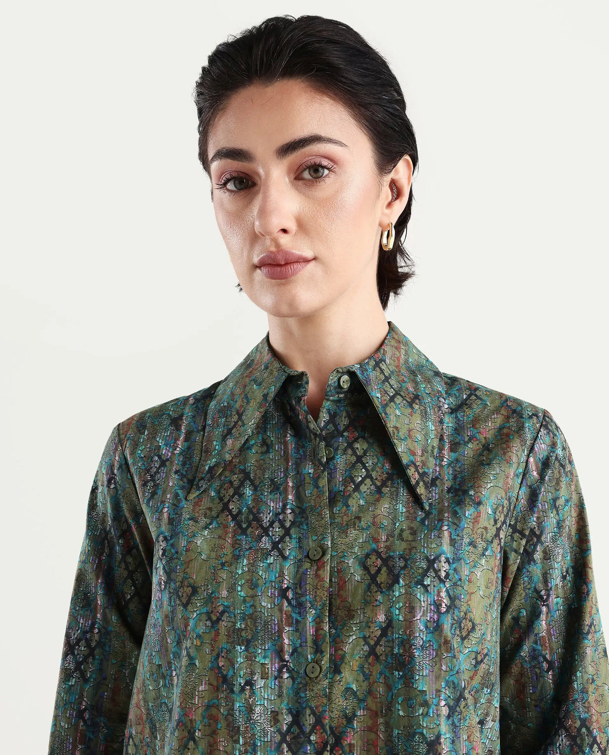 Rareism Women's Nudo Multi Cotton Spread Collar Abstract Print Regular Fit Top