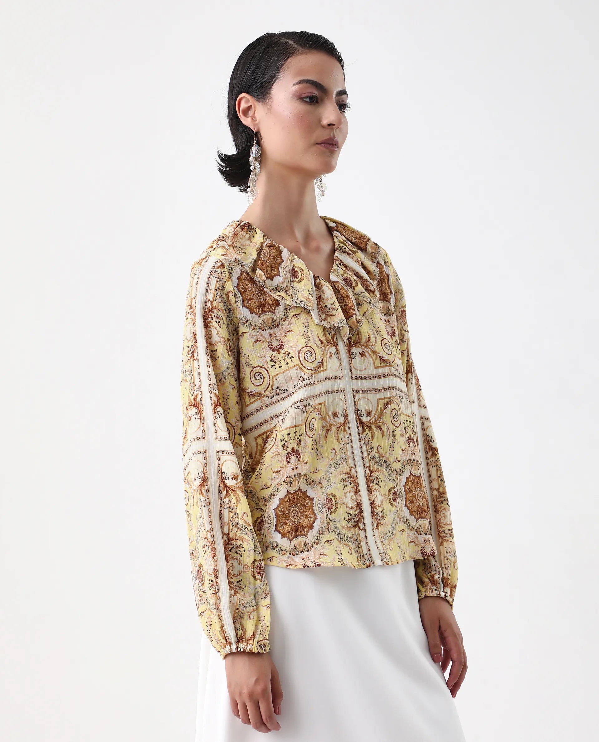 Rareism Women's Nueson Yellow Polyester Ruffled Neck Regular Fit Top