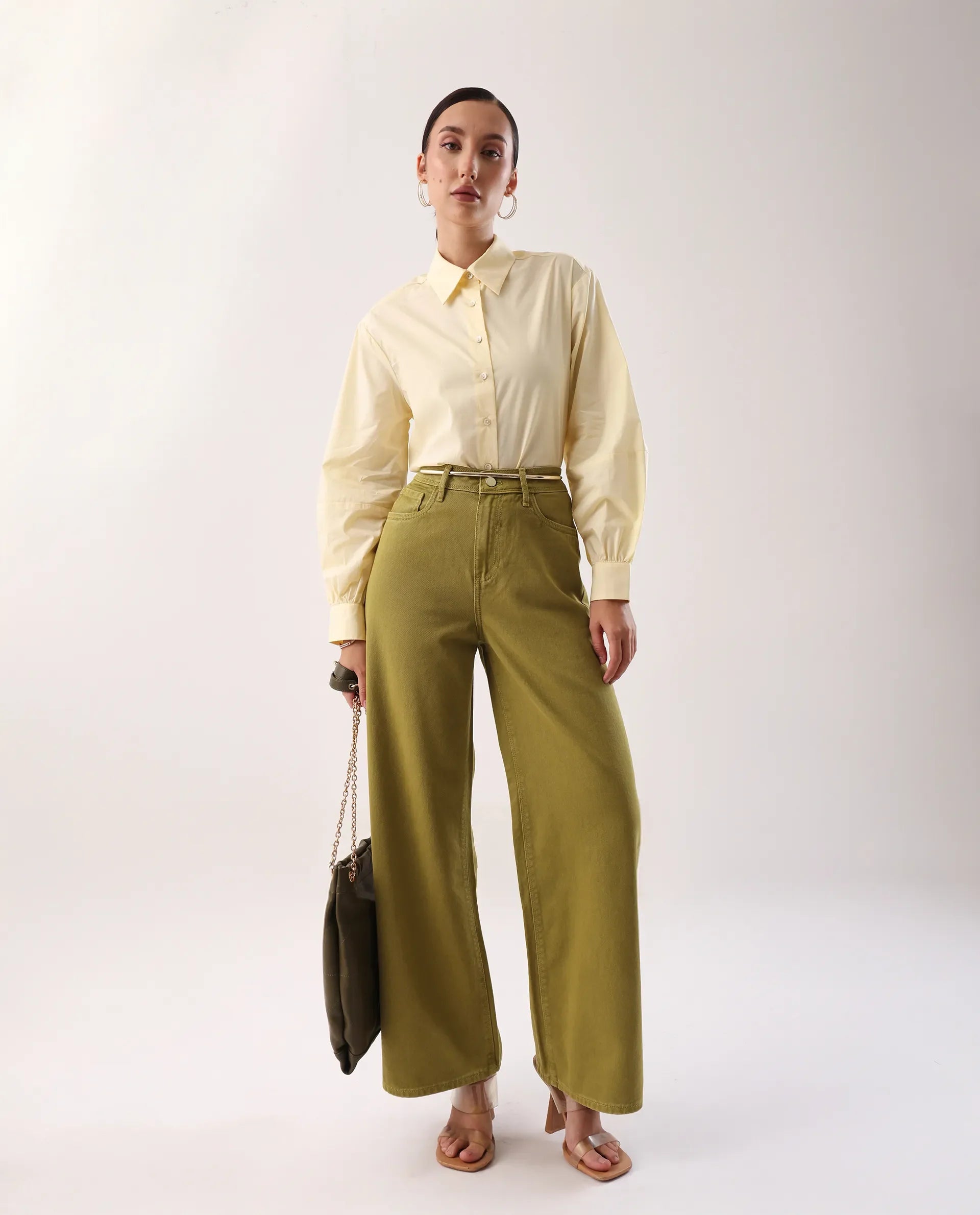 Rareism Women's Nufes B Olive Cotton Wide Ankle Length Plain Trouser