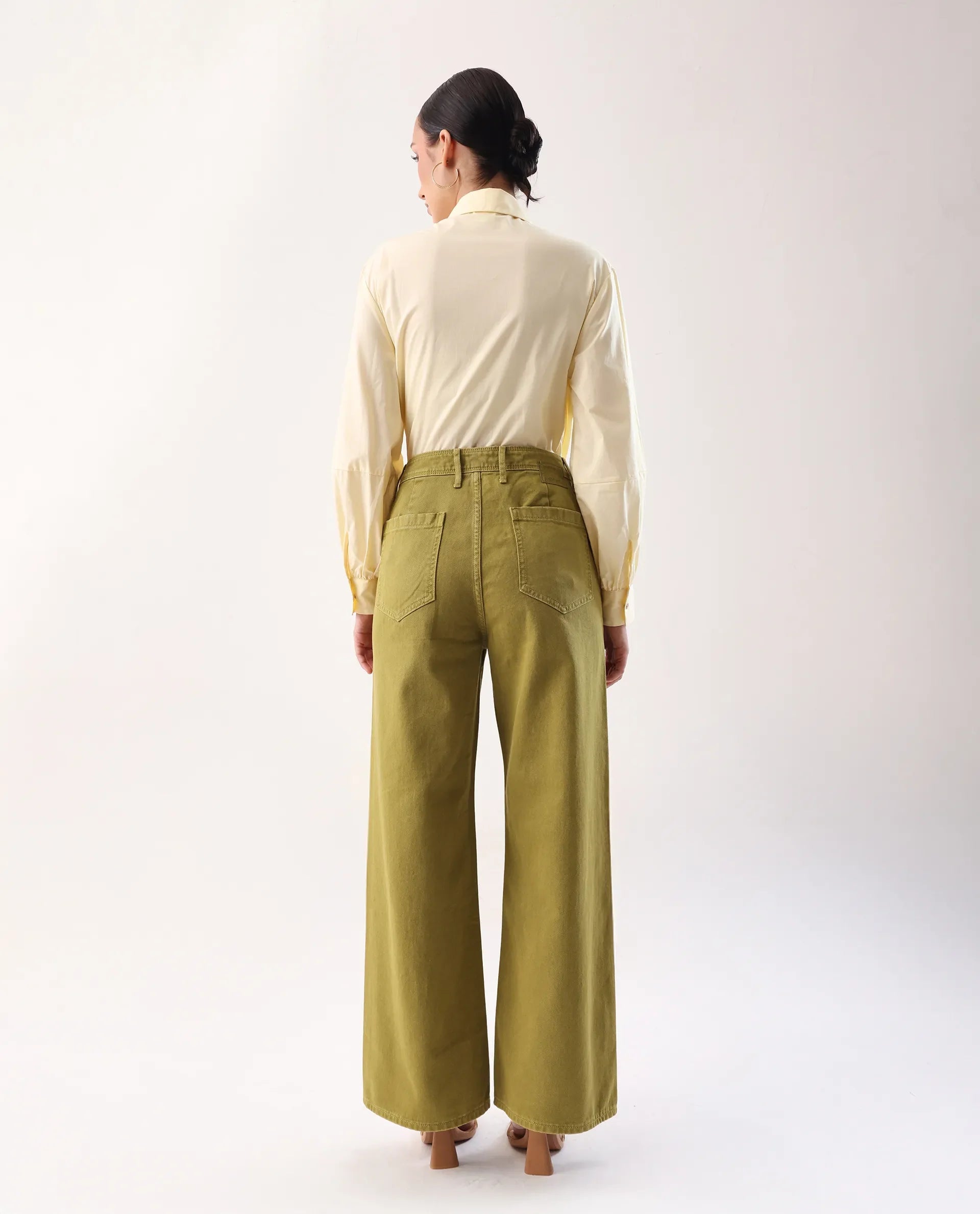 Rareism Women's Nufes B Olive Cotton Wide Ankle Length Plain Trouser