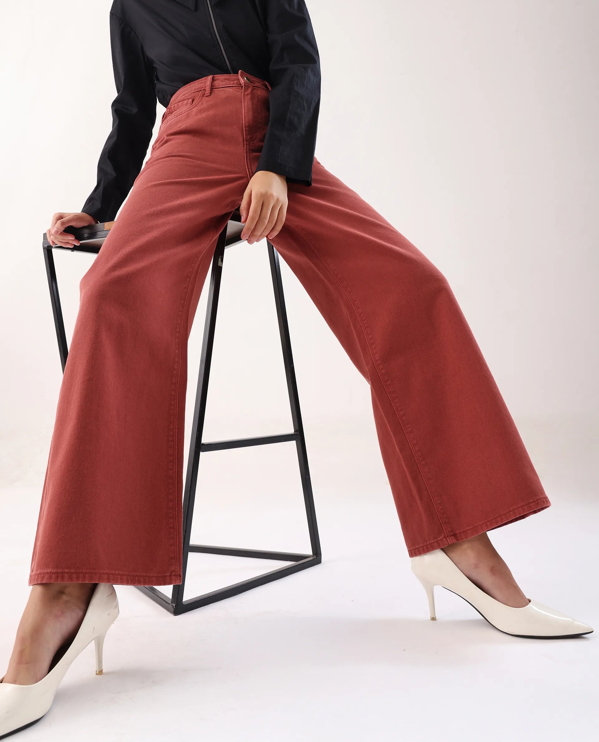 Rareism Women's Nufes Rust Cotton Wide Ankle Length Plain Trouser