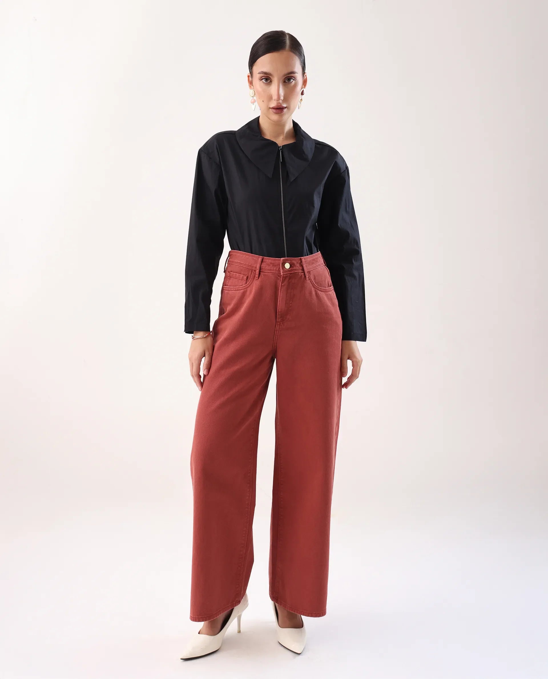 Rareism Women's Nufes Rust Cotton Wide Ankle Length Plain Trouser