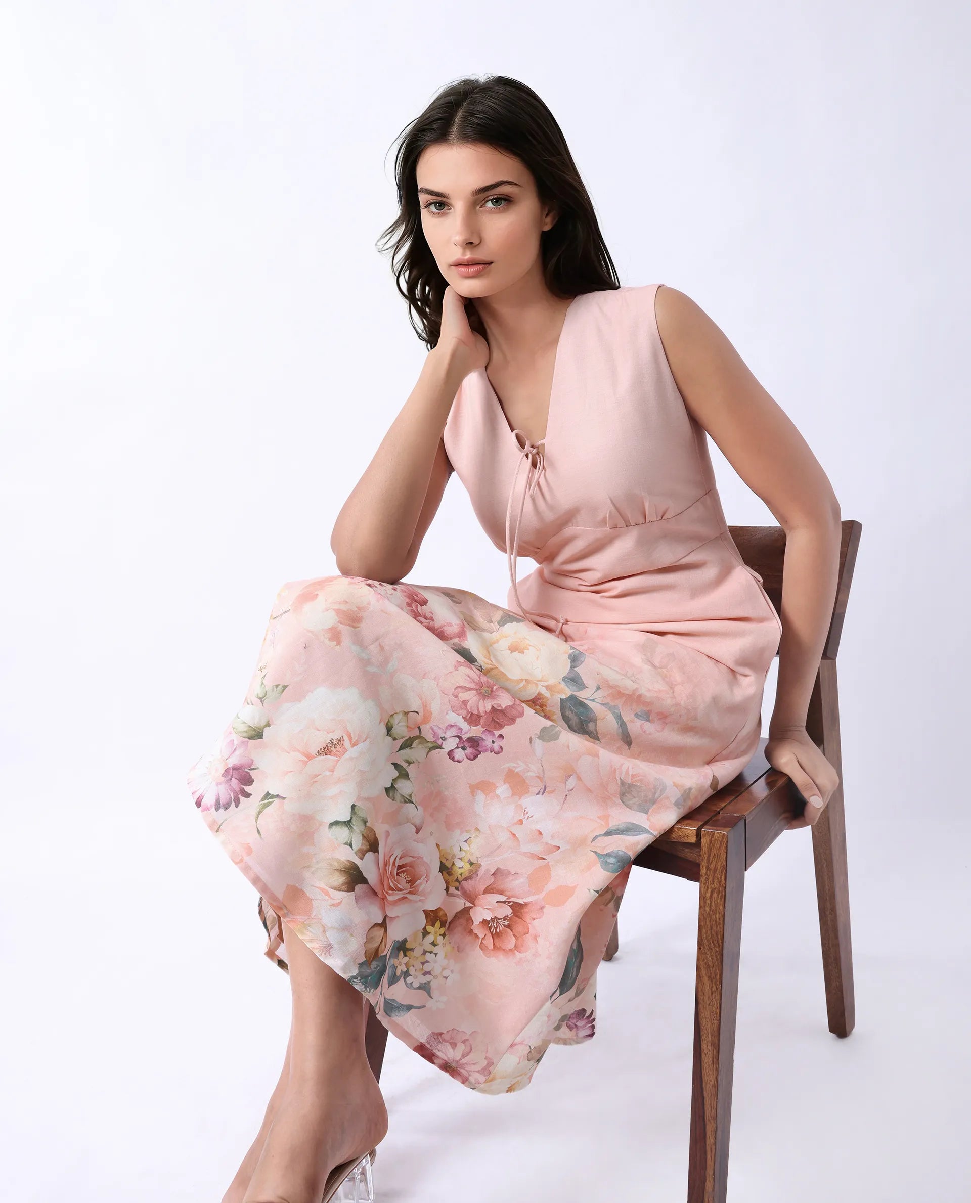 Rareism Women's Nugo Pink Viscose Blend V-Neck Floral Print Midi Dress