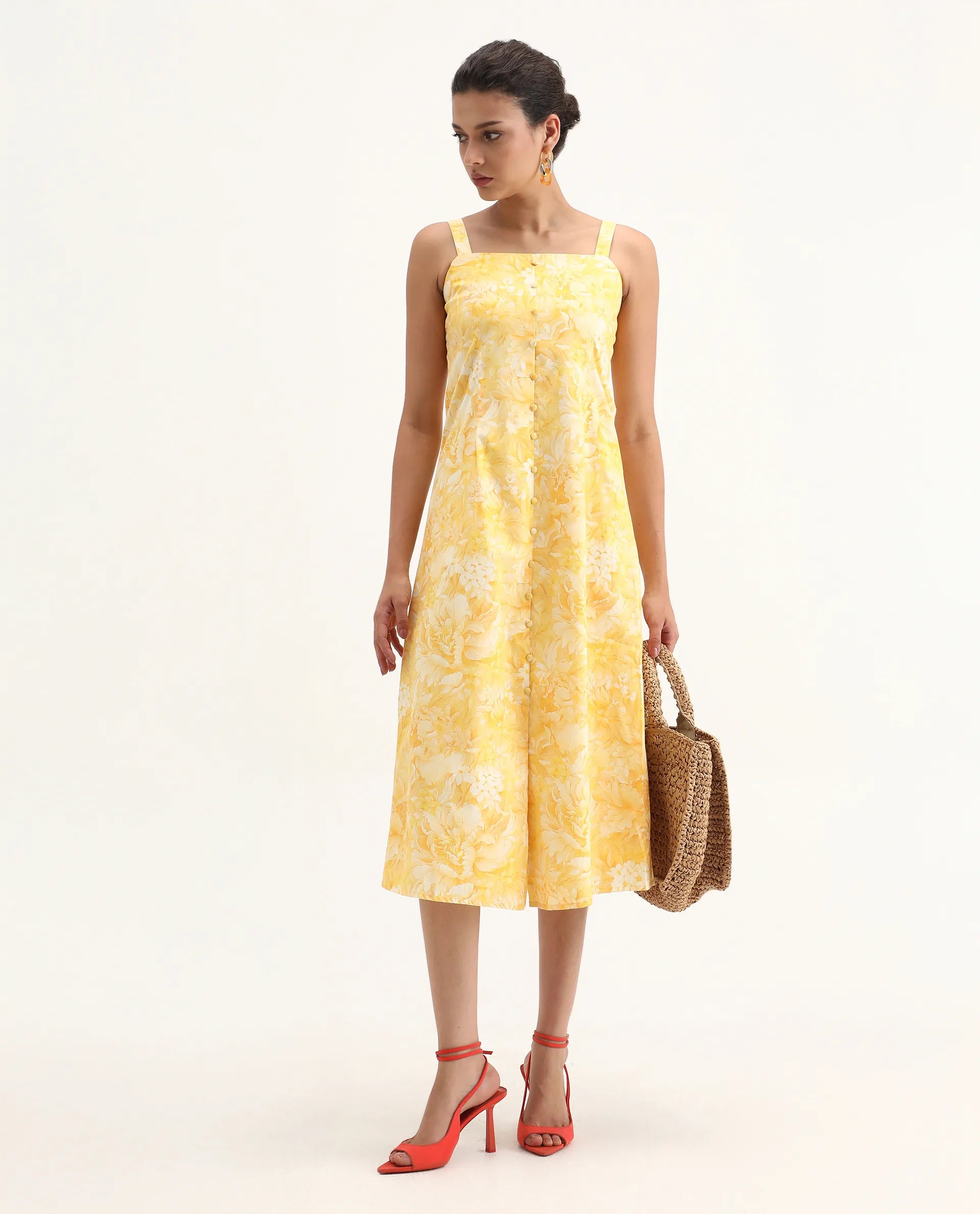 Rareism Women's Nujon Yellow Viscose Square Neck Floral Print Sleeveless Midi A-Line Dress