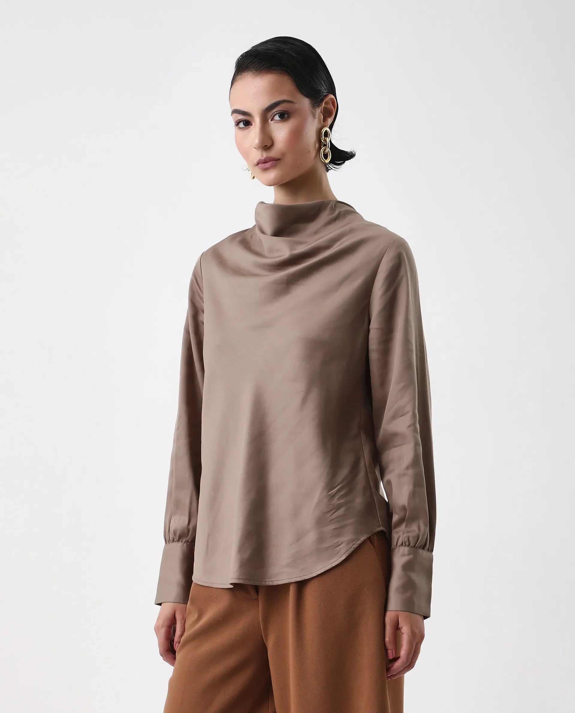 Rareism Women's Nujuno Beige Cotton Blend Cuffed Sleeve Cowl Neck Regular Fit Plain Top