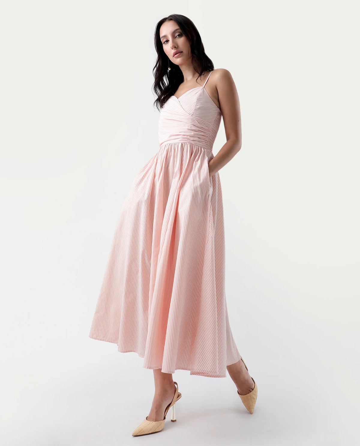 Rareism Women's Nuloon Pink Cotton Sweetheart Neck Striped Sleeveless Midi Fit And Flare Dress
