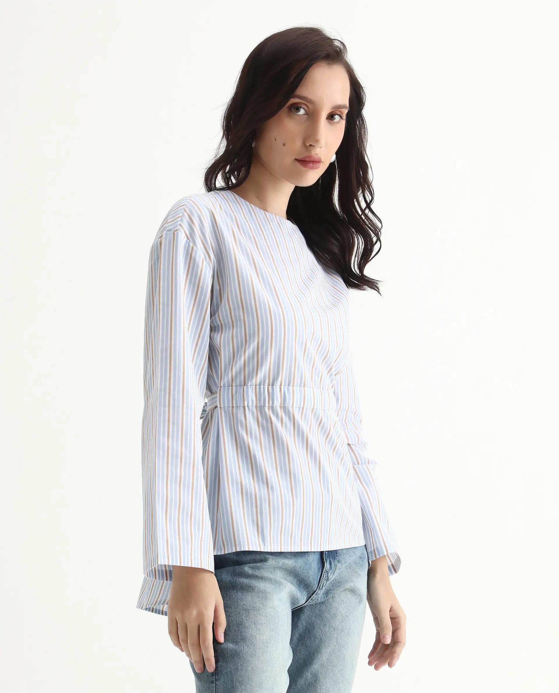Rareism Women's Nulu Light Blue Cotton Extended Sleeves Round Neck Regular Fit Top