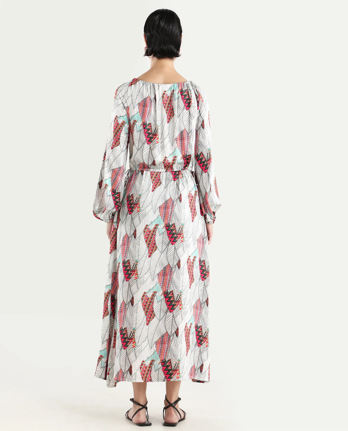 Rareism Women's Numan Multi Cotton Blend Tie-Up Neck Tropical Print Maxi Regular Fit Dress