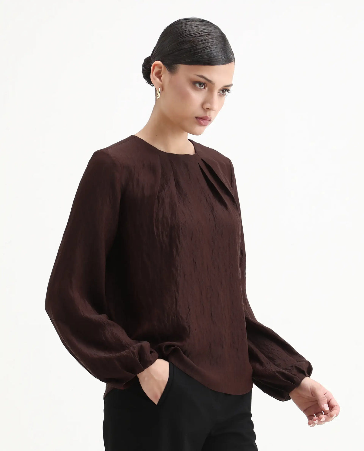 Rareism Women's Numi Dark Brown Viscose Blend Bishop Sleeve Round Neck Regular Fit Plain Top