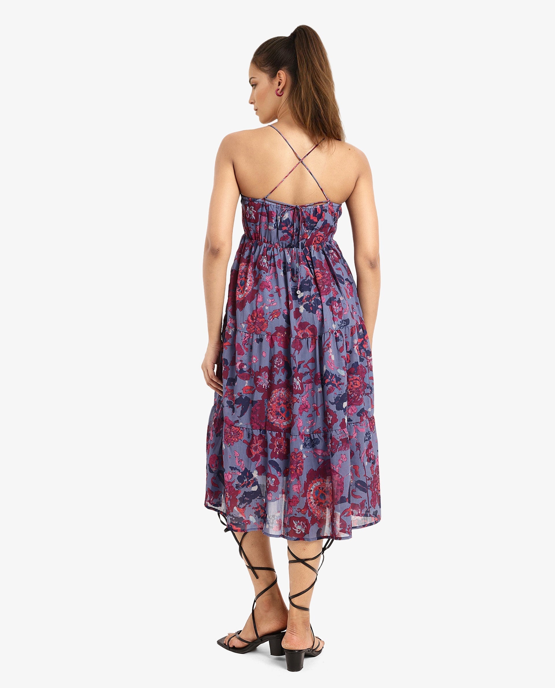 Rareism Women's Nuno Light Multi Polyester Shoulder Strap Floral Print Sleeveless Midi Fit And Flare Dress