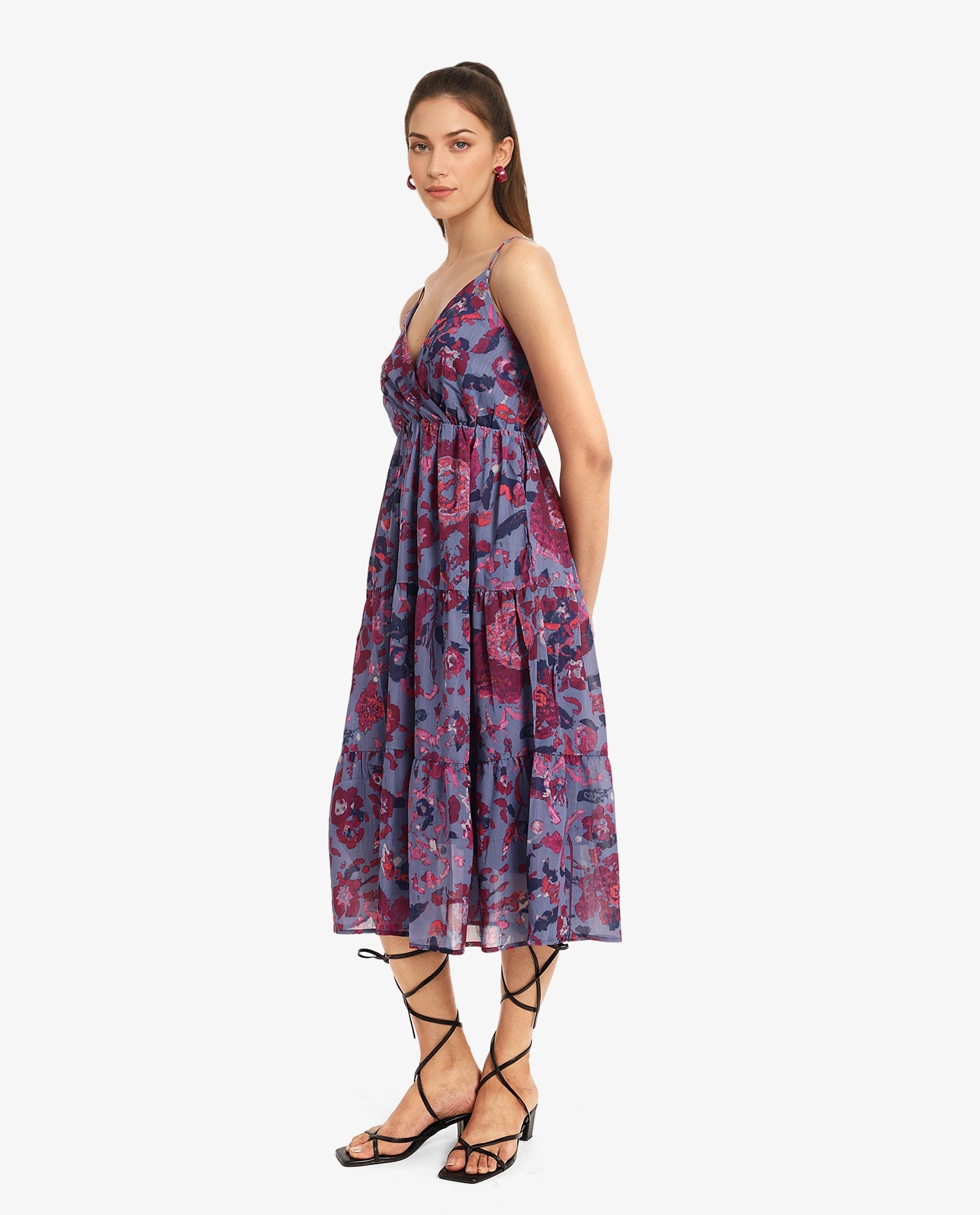 Rareism Women's Nuno Light Multi Shoulder Straps Tie-Up Closure Sleeveless Floral Print Fit And Flare Midi Dress