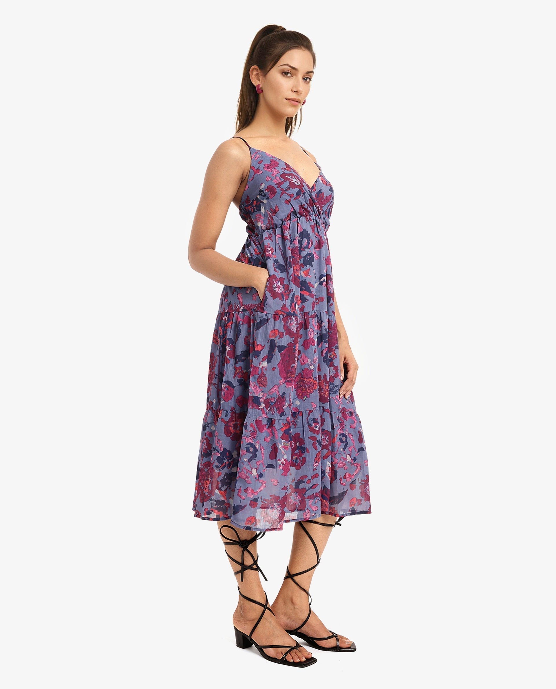 Rareism Women's Nuno Light Multi Shoulder Straps Tie-Up Closure Sleeveless Floral Print Fit And Flare Midi Dress