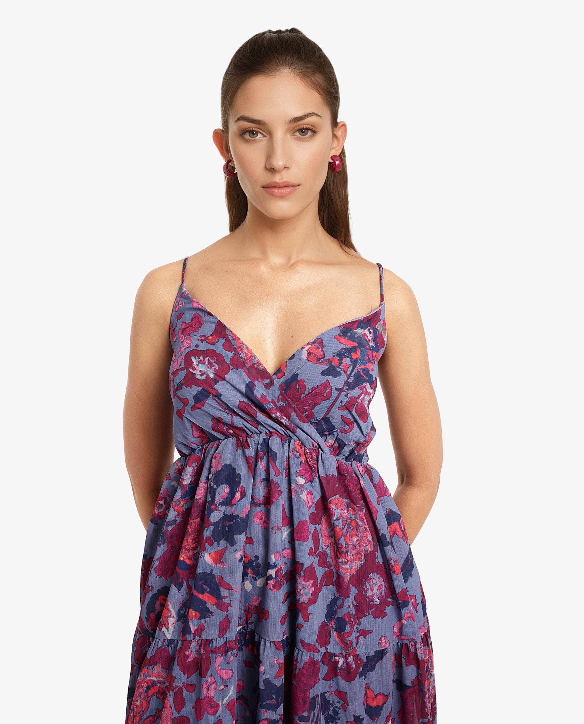 Rareism Women's Nuno Light Multi Shoulder Straps Tie-Up Closure Sleeveless Floral Print Fit And Flare Midi Dress