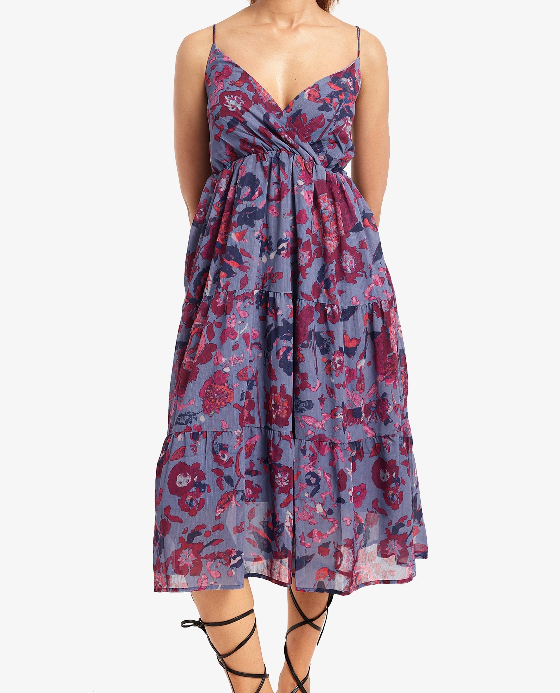 Rareism Women's Nuno Light Multi Polyester Shoulder Strap Floral Print Sleeveless Midi Fit And Flare Dress