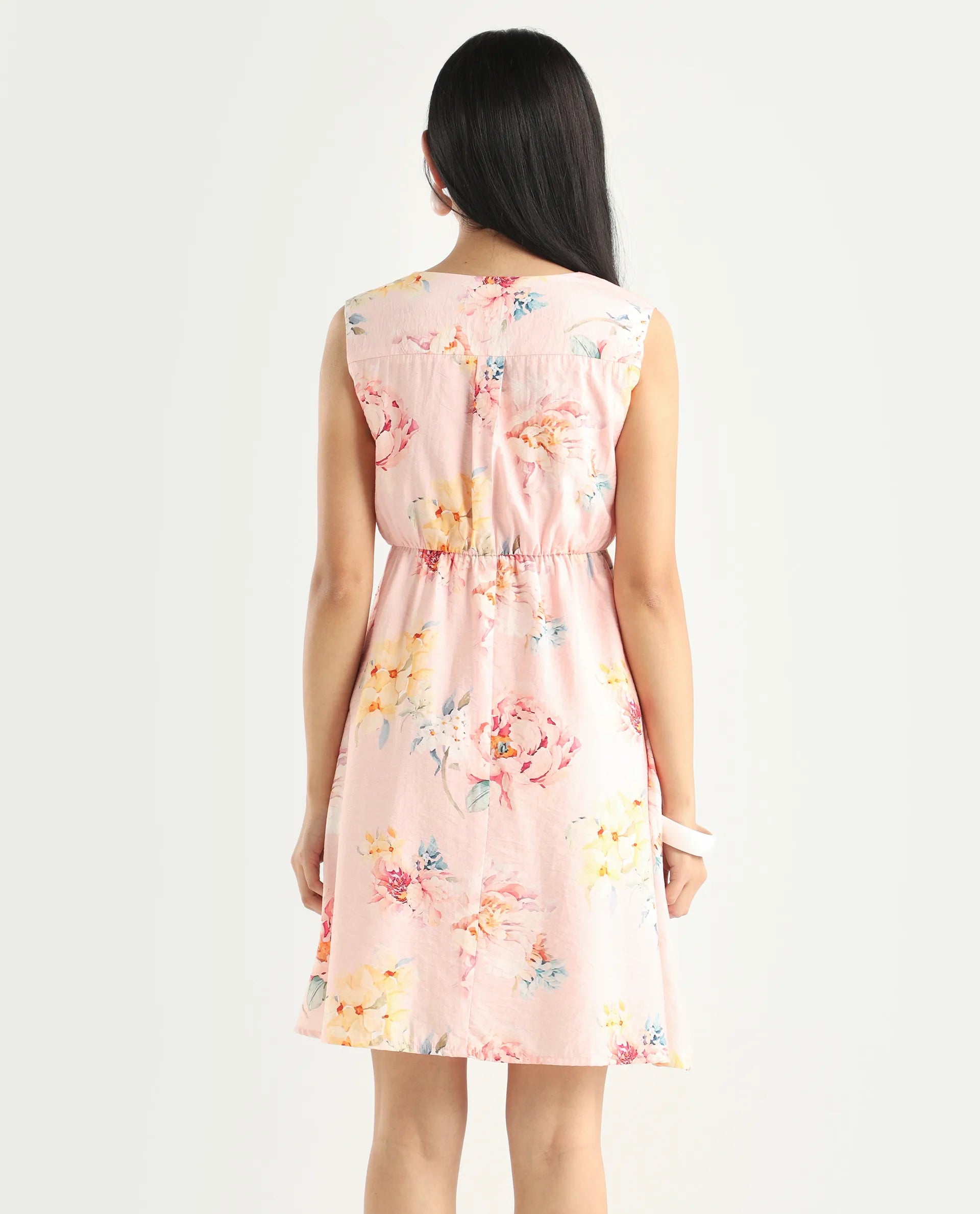 Rareism Women's Nupic Pink Viscose Blend Round Neck Floral Print Mini Flared Dress