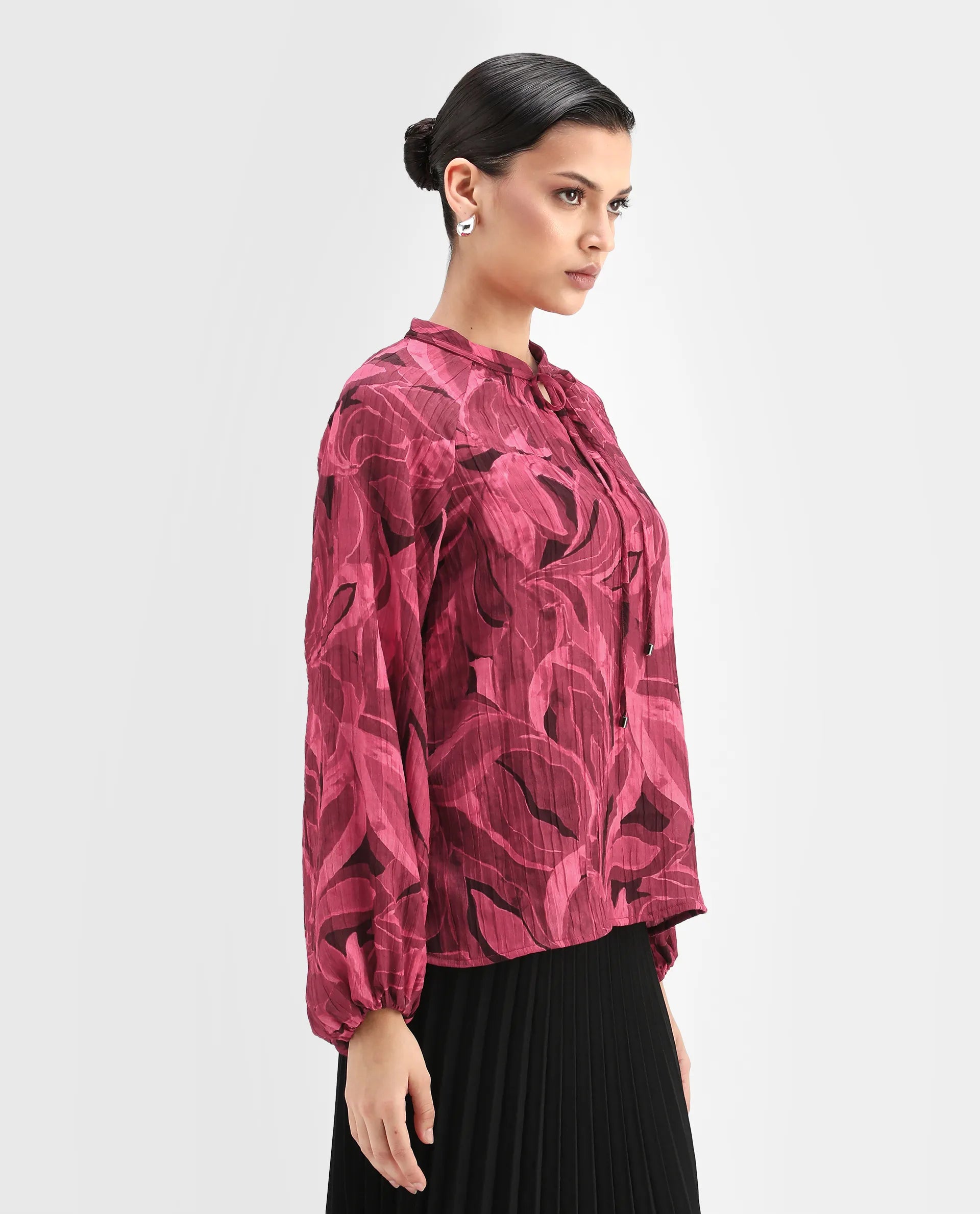 Rareism Women's Nupino Dark Pink Polyester Raglan Sleeves Tie-Up Neck Relaxed Fit Top
