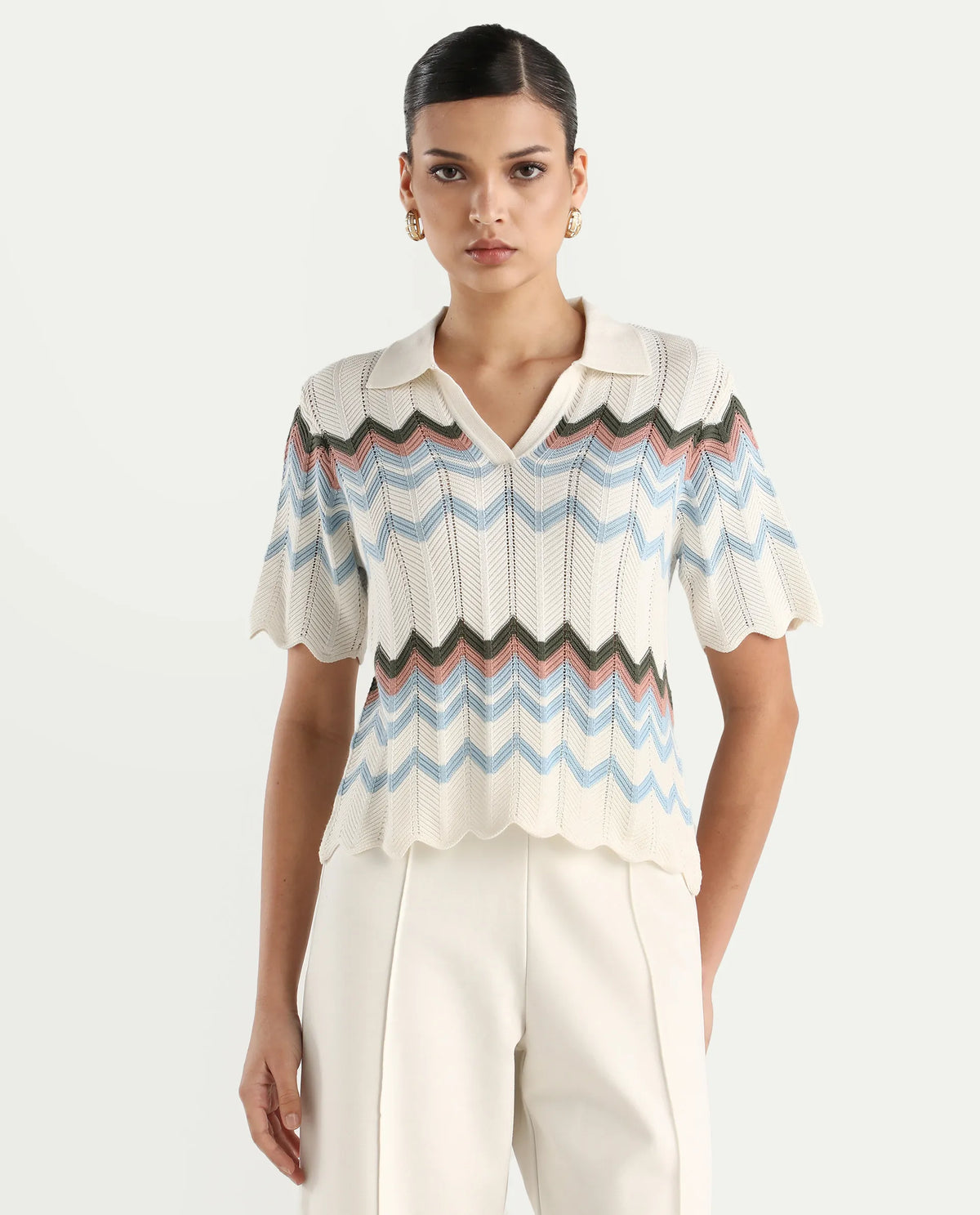 Rareism Women's Nuplo-R Light Blue Cotton Jonny Collar Regular Fit Geometric Print Top
