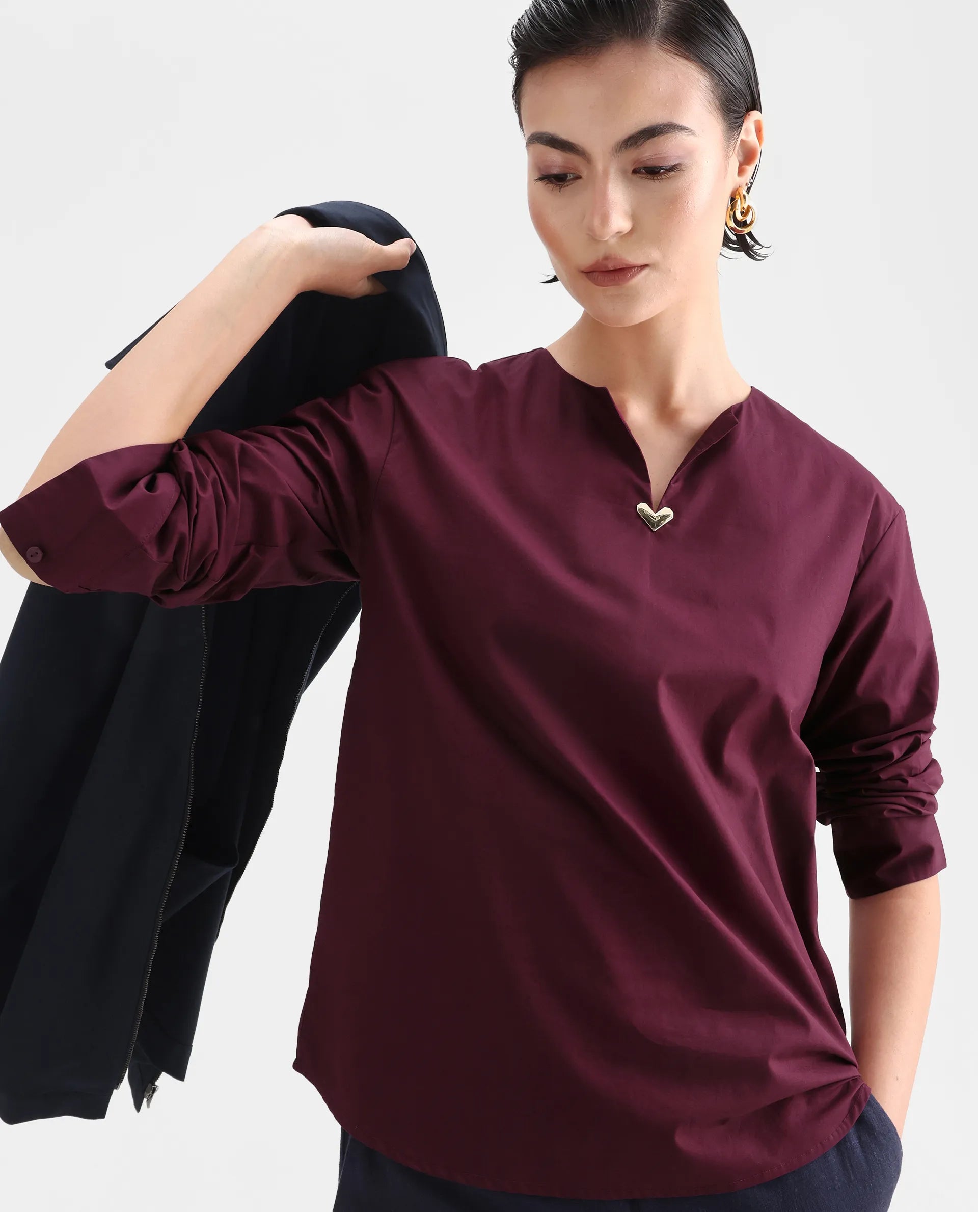 Rareism Women's Nura Maroon Cotton Cuffed Sleeve Collared Neck Regular Fit Top