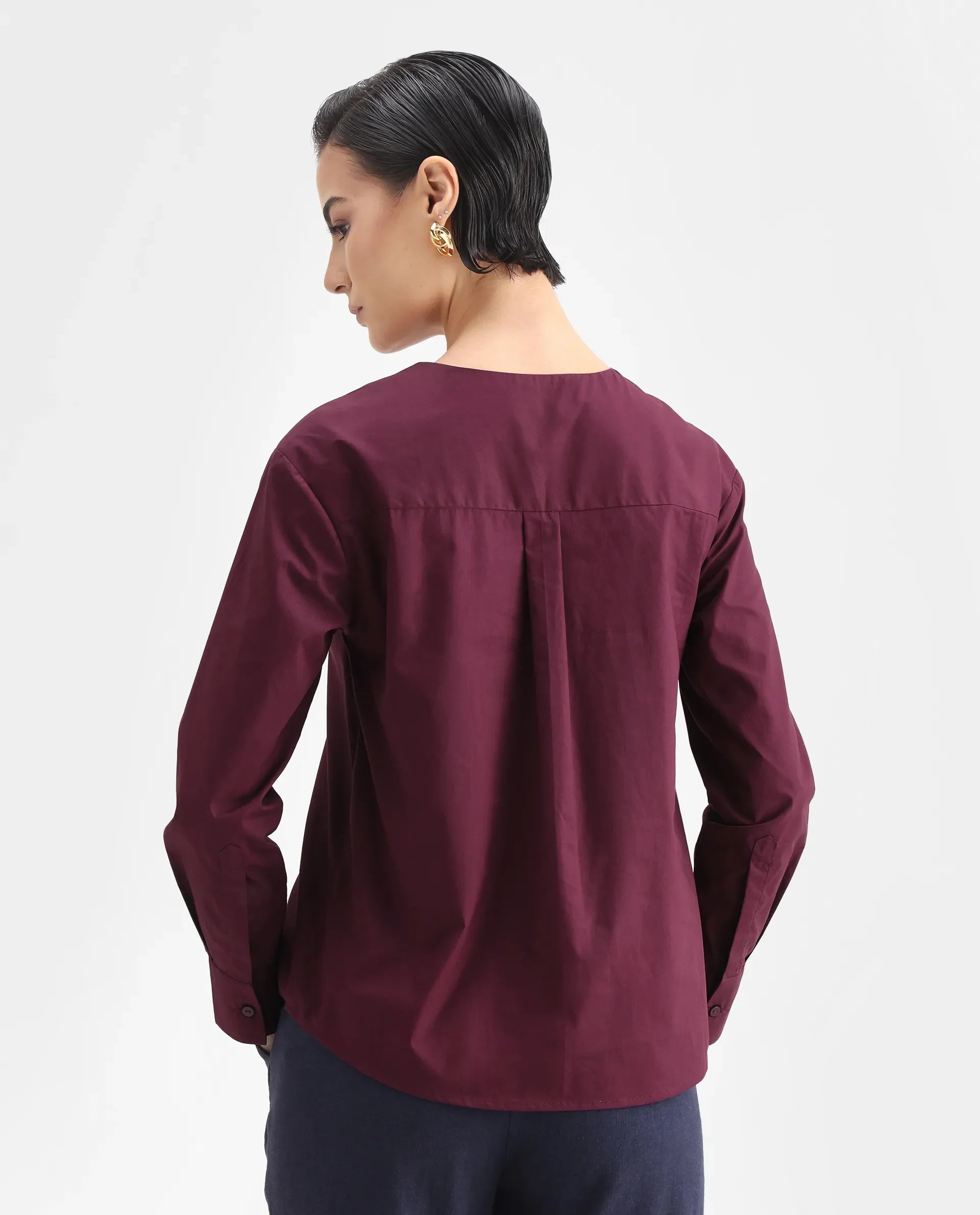 Rareism Women's Nura Maroon Cotton Cuffed Sleeve Collared Neck Regular Fit Top