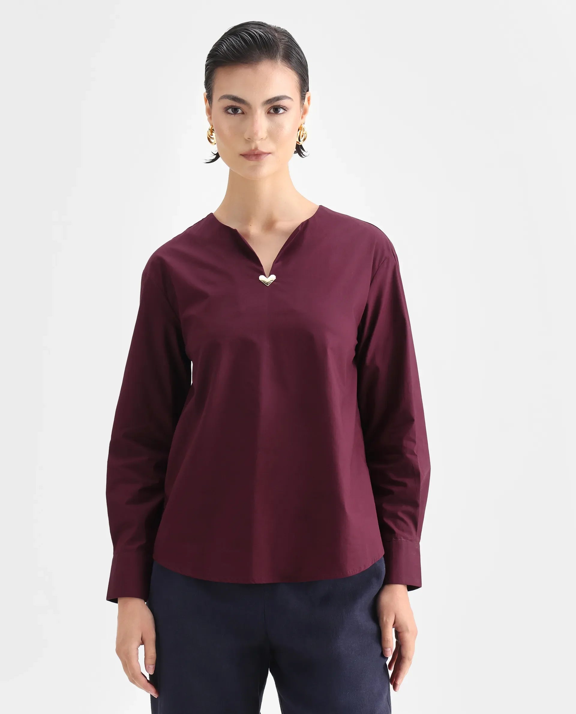 Rareism Women's Nura Maroon Cotton Cuffed Sleeve Collared Neck Regular Fit Top