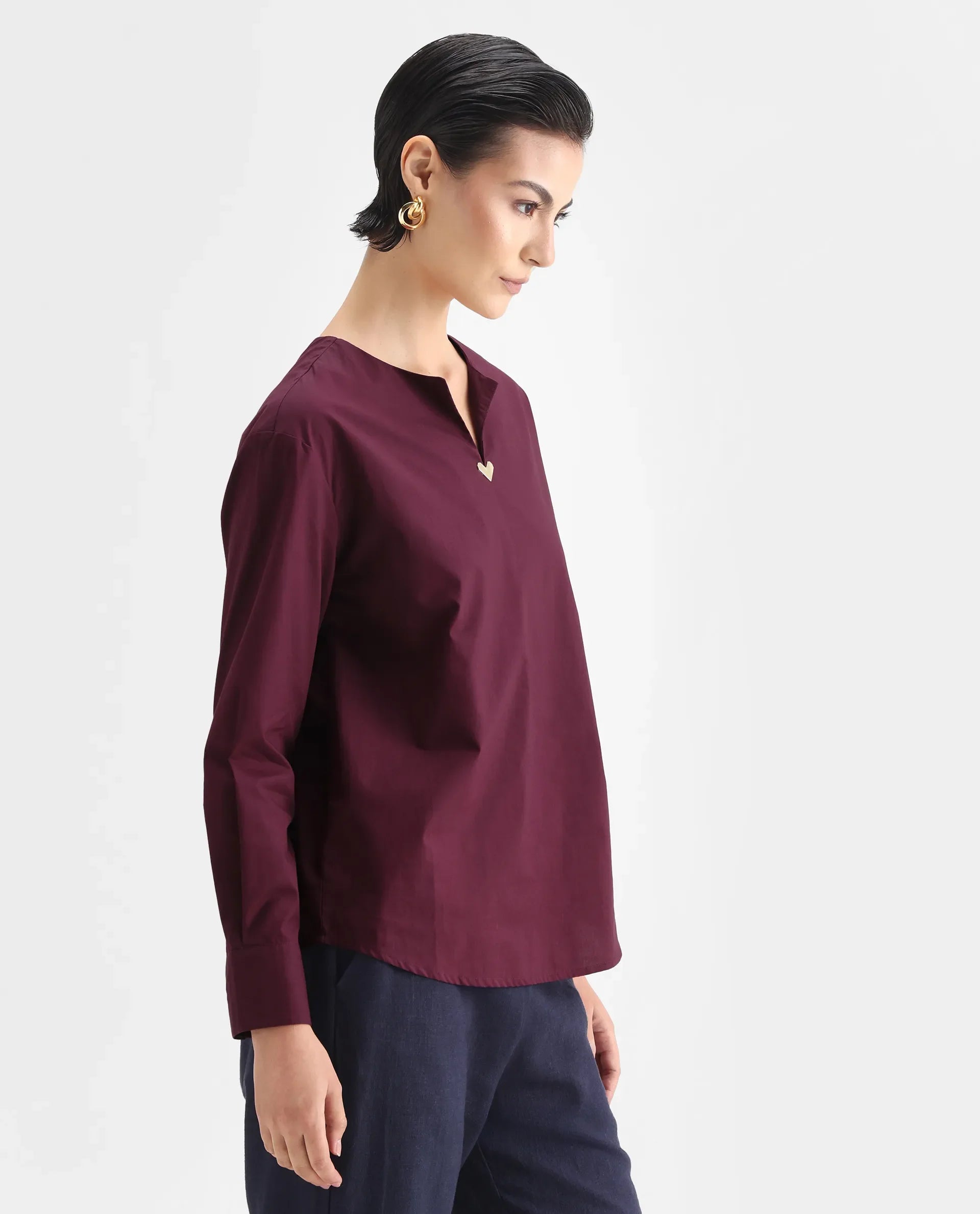 Rareism Women's Nura Maroon Cotton Cuffed Sleeve Collared Neck Regular Fit Top