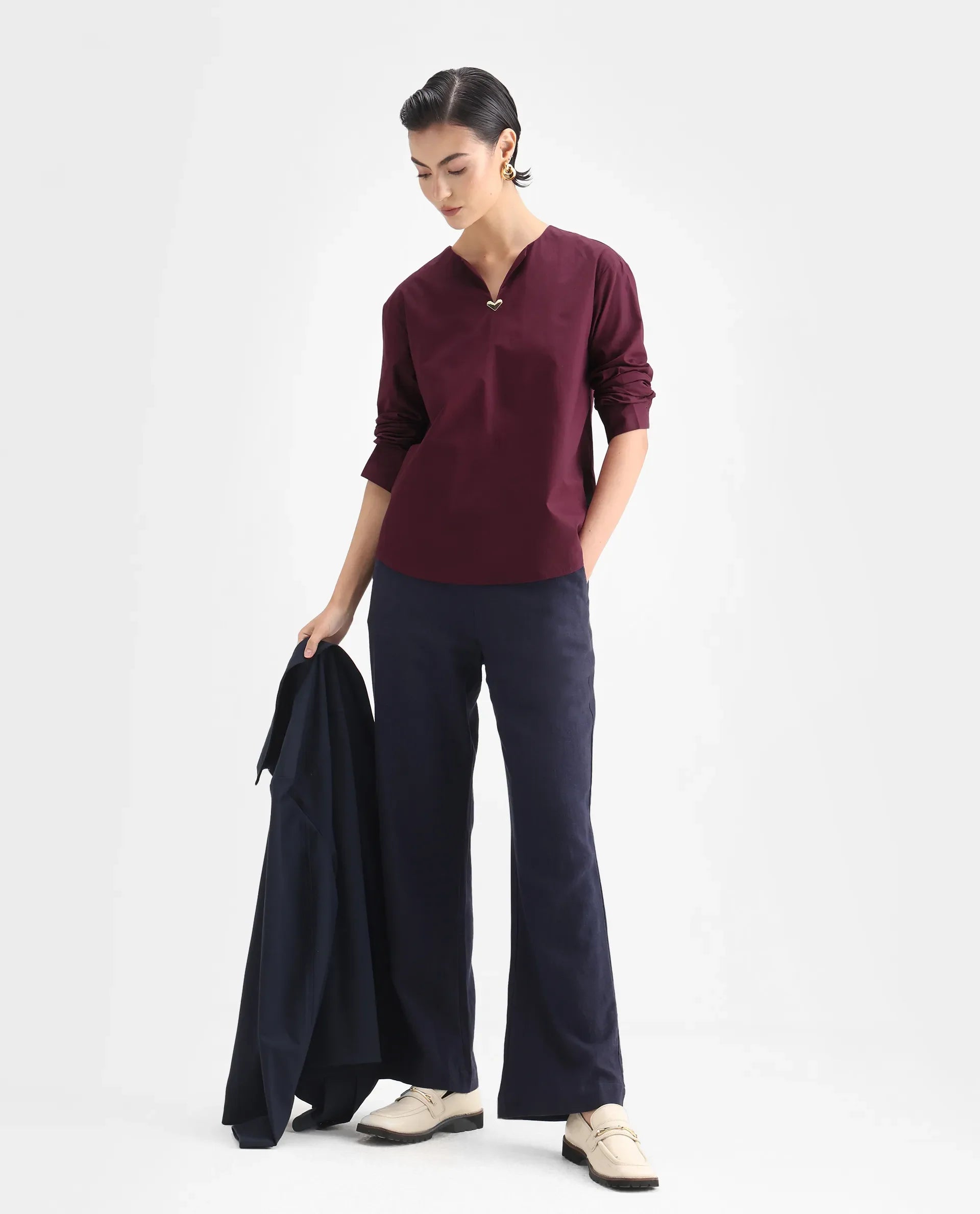 Rareism Women's Nura Maroon Cotton Cuffed Sleeve Collared Neck Regular Fit Top