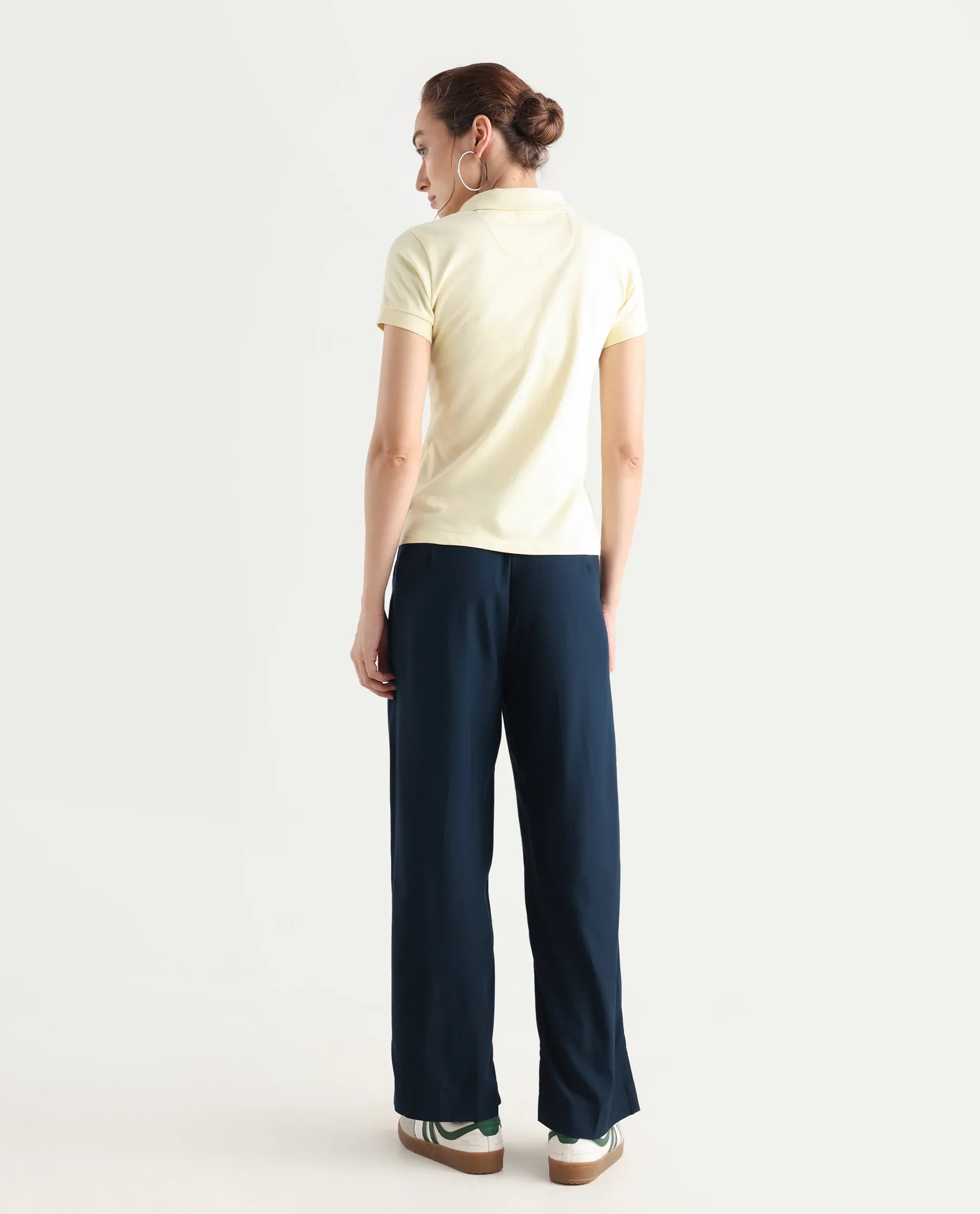 Rareism Women's Nuray Navy Cotton Plain Ankle Length Straight Fit Trouser