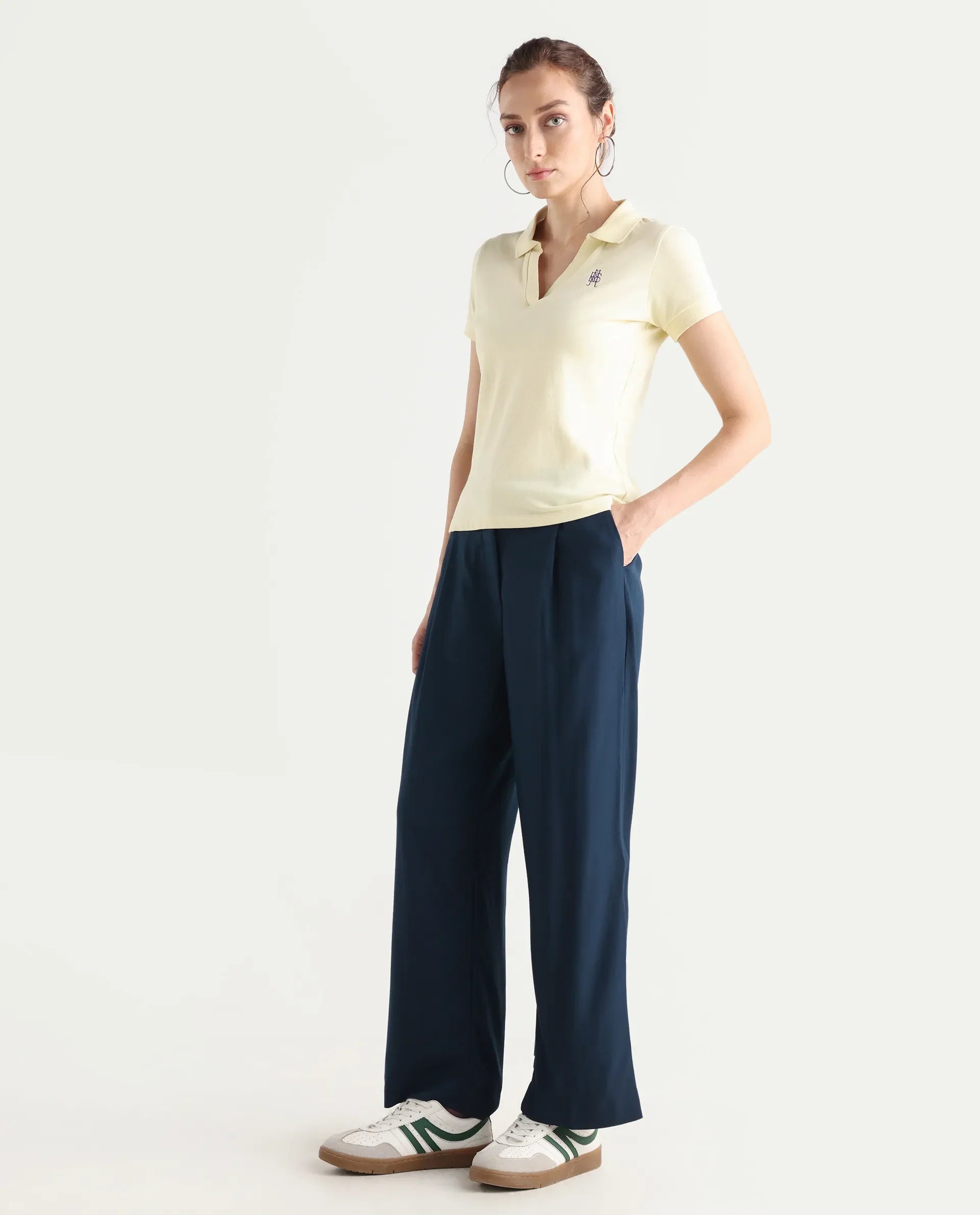 Rareism Women's Nuray Navy Cotton Plain Ankle Length Straight Fit Trouser