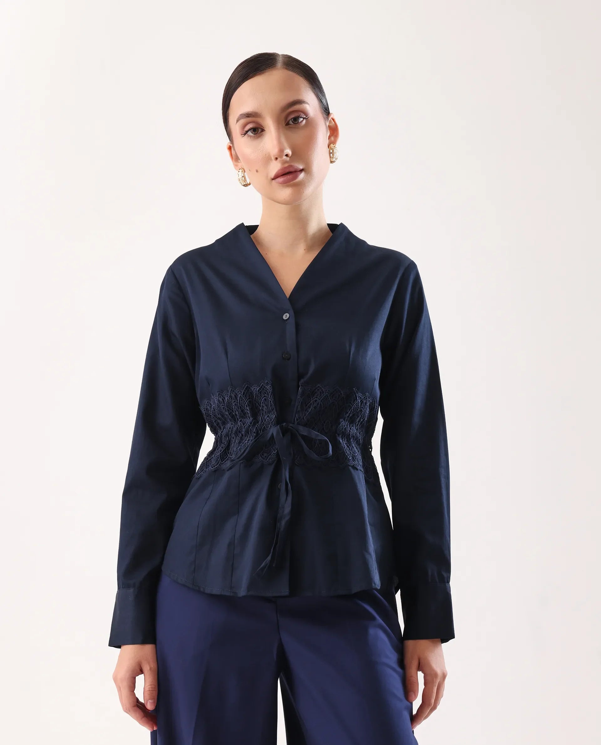 Rareism Women's Nurem Navy Cotton Cuffed Sleeve Built-Up Collar Regular Fit Plain Top