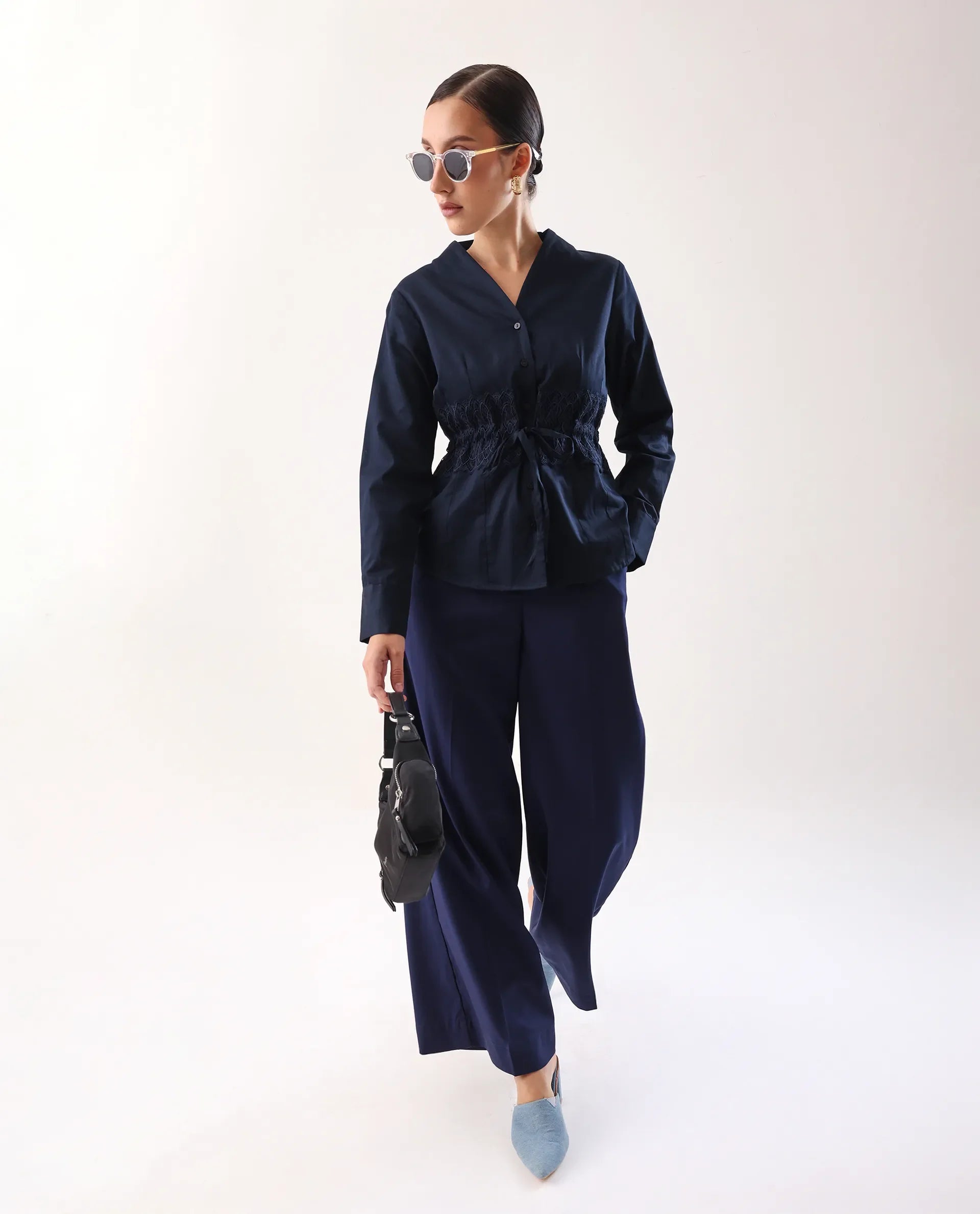 Rareism Women's Nurem Navy Cotton Cuffed Sleeve Built-Up Collar Regular Fit Plain Top