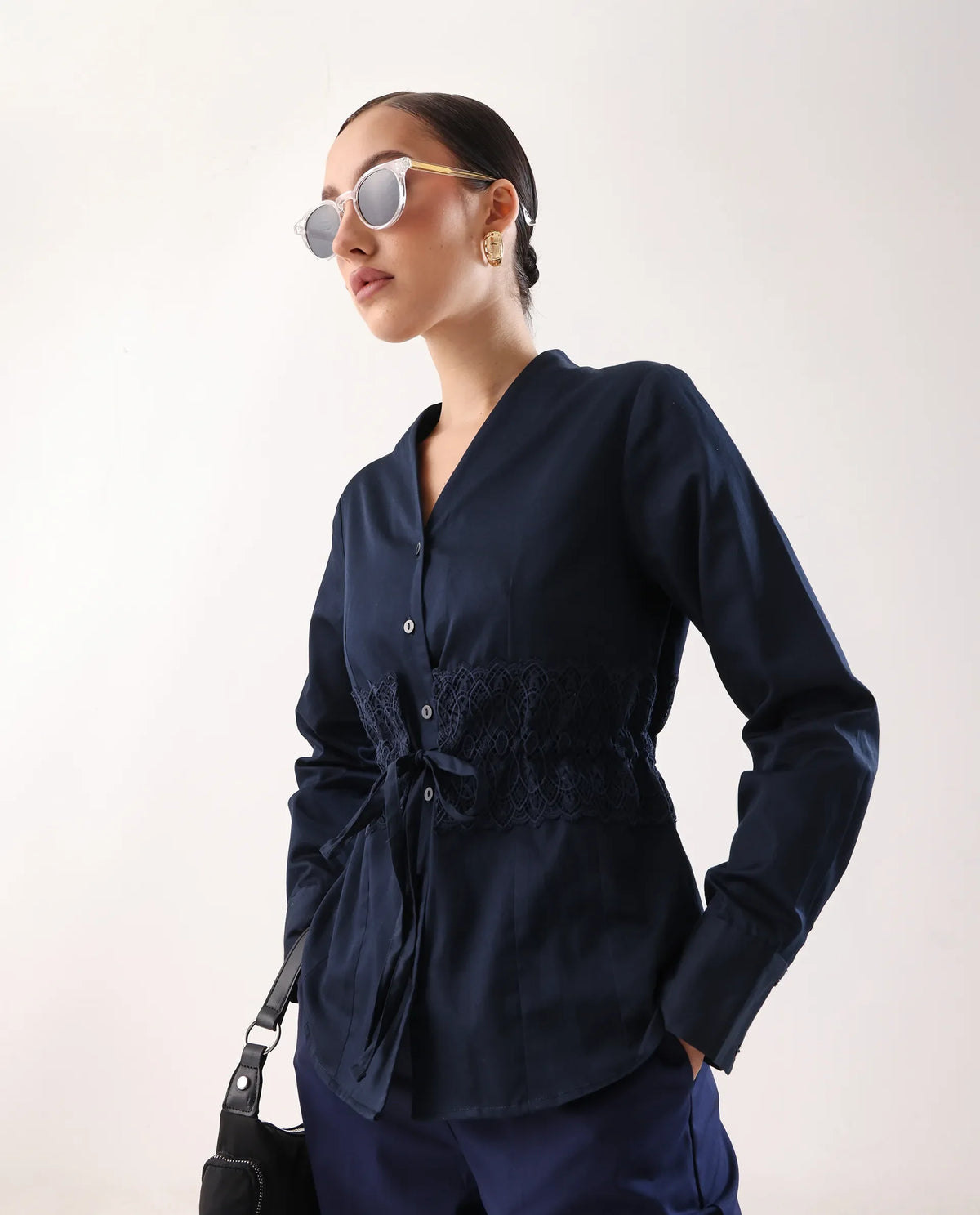 Rareism Women's Nurem Navy Cotton Cuffed Sleeve Built-Up Collar Regular Fit Plain Top