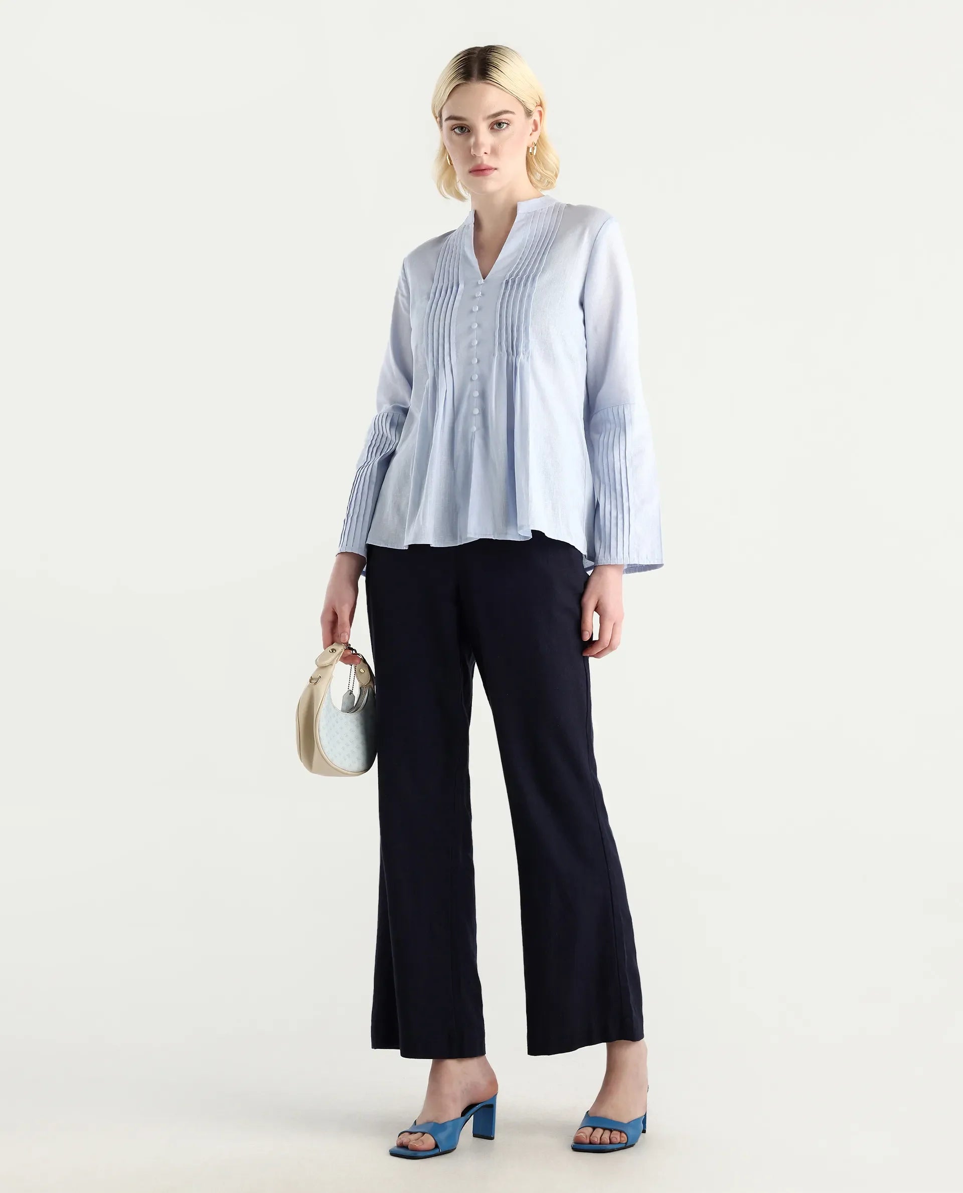 Rareism Women Nuron Blue Mandarin Collar Button Closure Relaxed Fit Plain Top