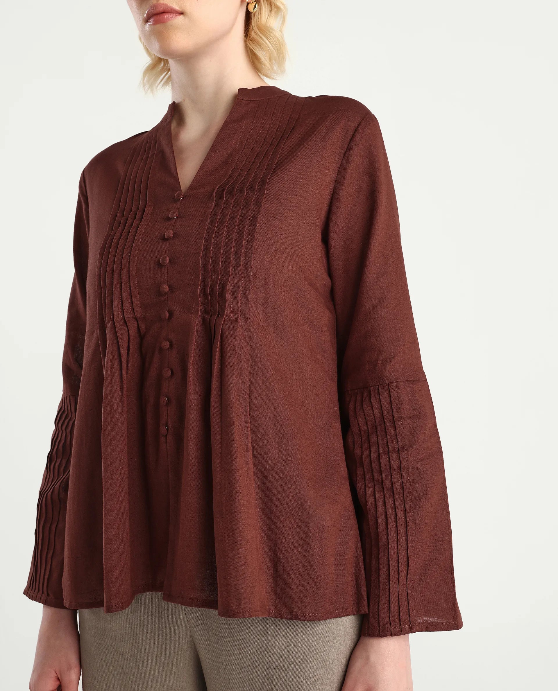 Rareism Women's Nuron Brown Cotton Blend Bell Sleeves Mandarin Collar Relaxed Fit Plain Top