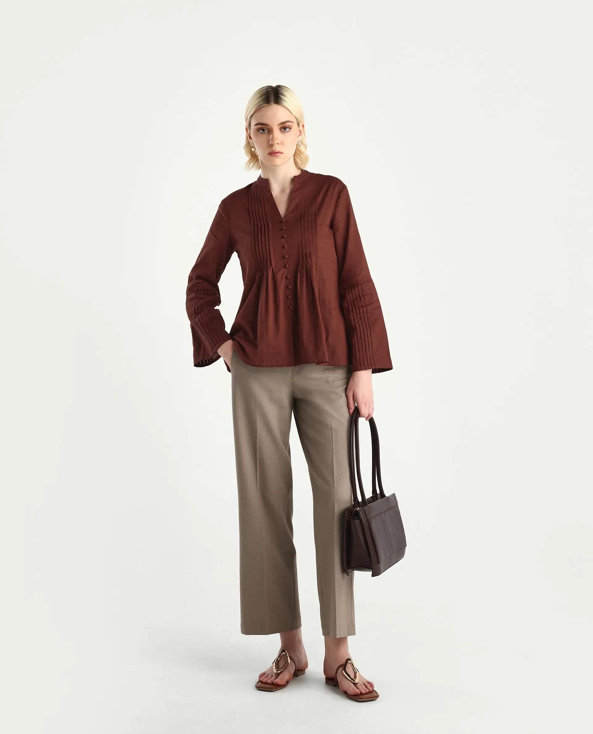 Rareism Women's Nuron Brown Cotton Blend Bell Sleeves Mandarin Collar Relaxed Fit Plain Top
