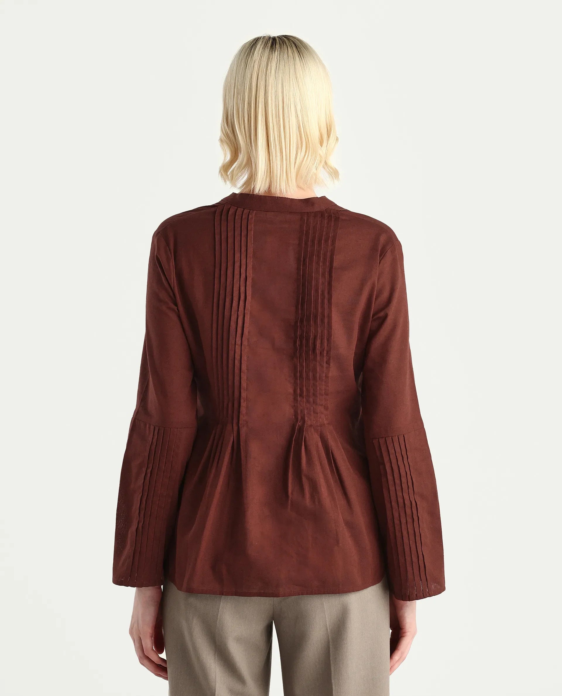 Rareism Women's Nuron Brown Cotton Blend Bell Sleeves Mandarin Collar Relaxed Fit Plain Top