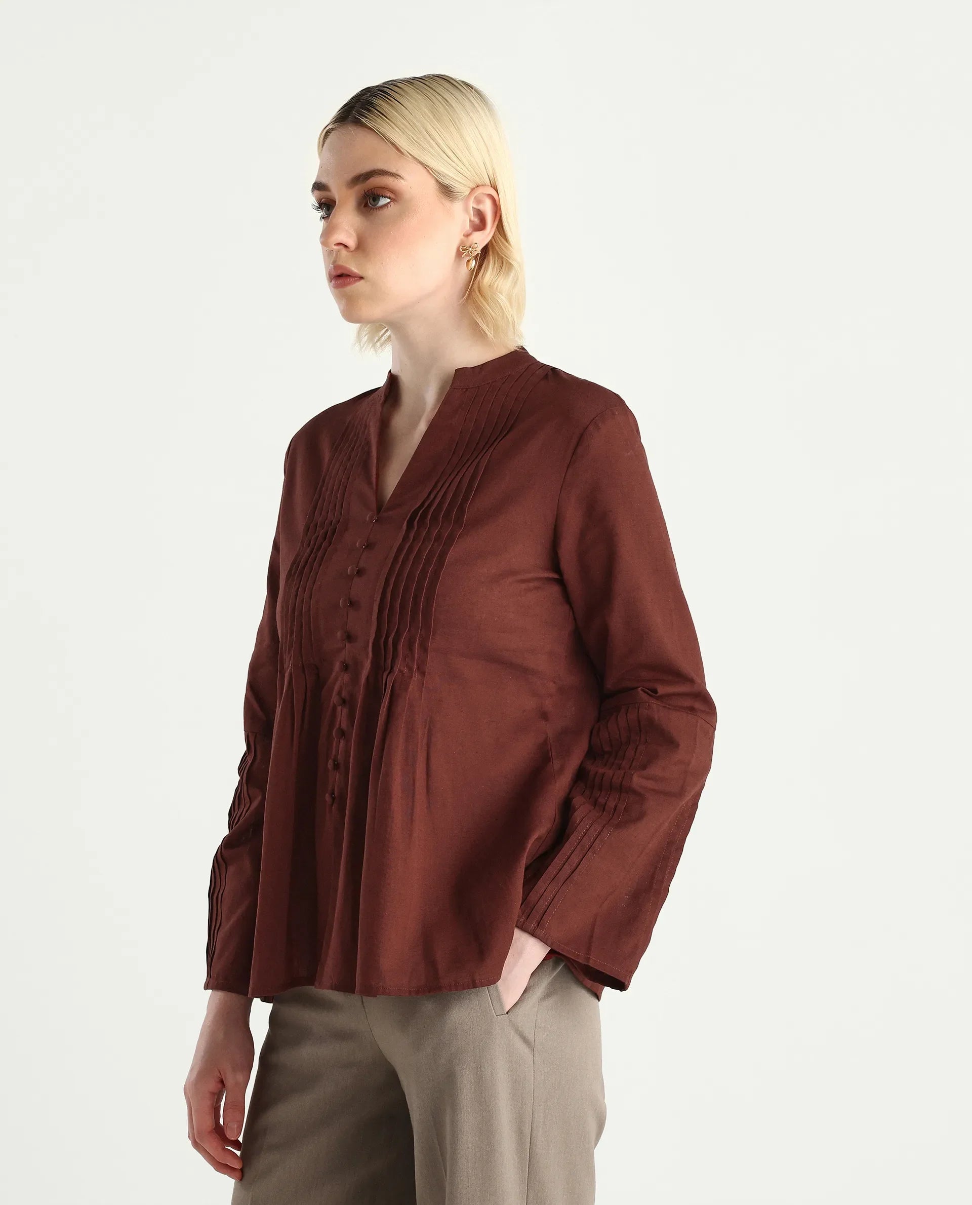 Rareism Women's Nuron Brown Cotton Blend Bell Sleeves Mandarin Collar Relaxed Fit Plain Top