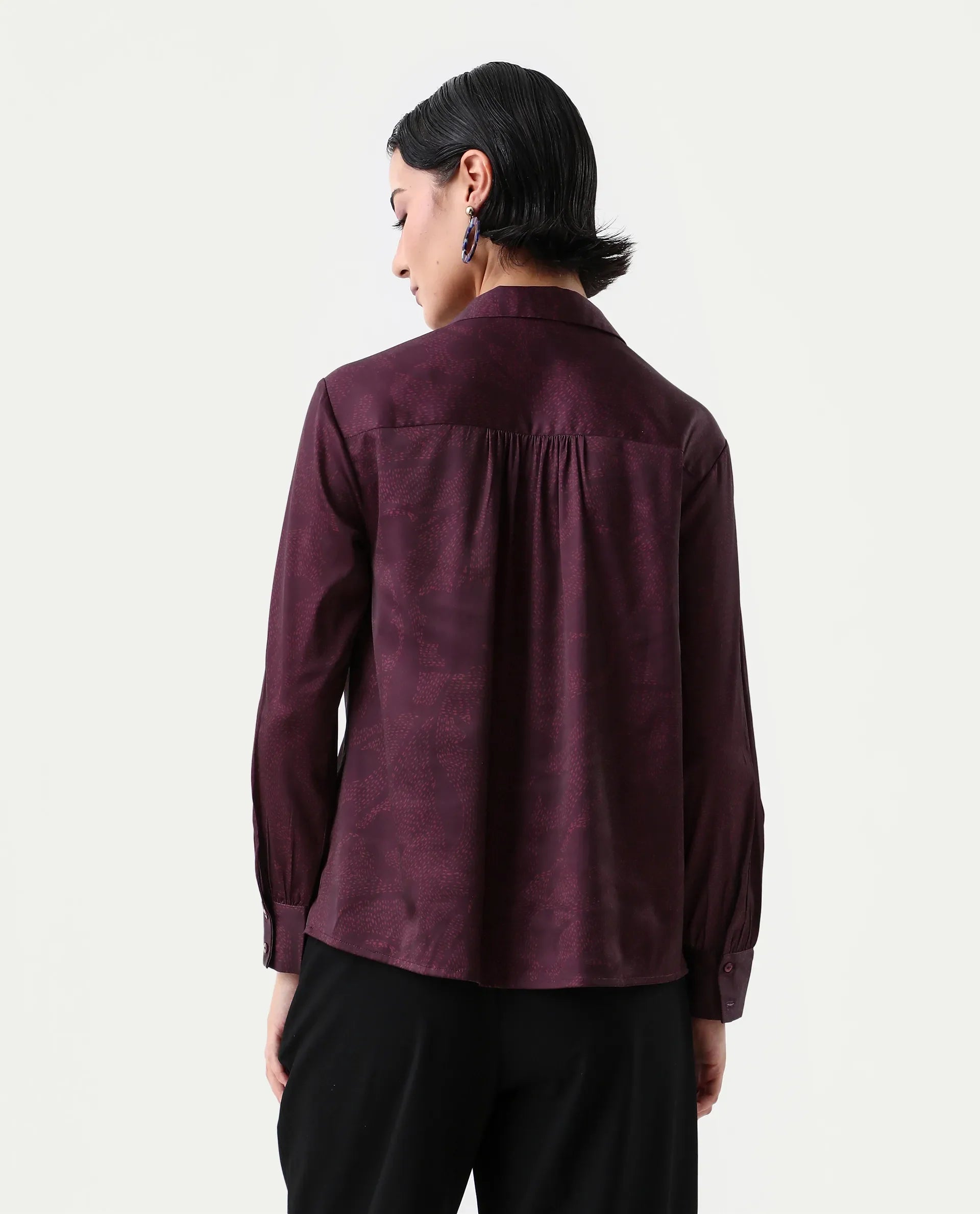 Rareism Women's Nusa Maroon Polyester Cuffed Sleeve Collared Neck Regular Fit Top