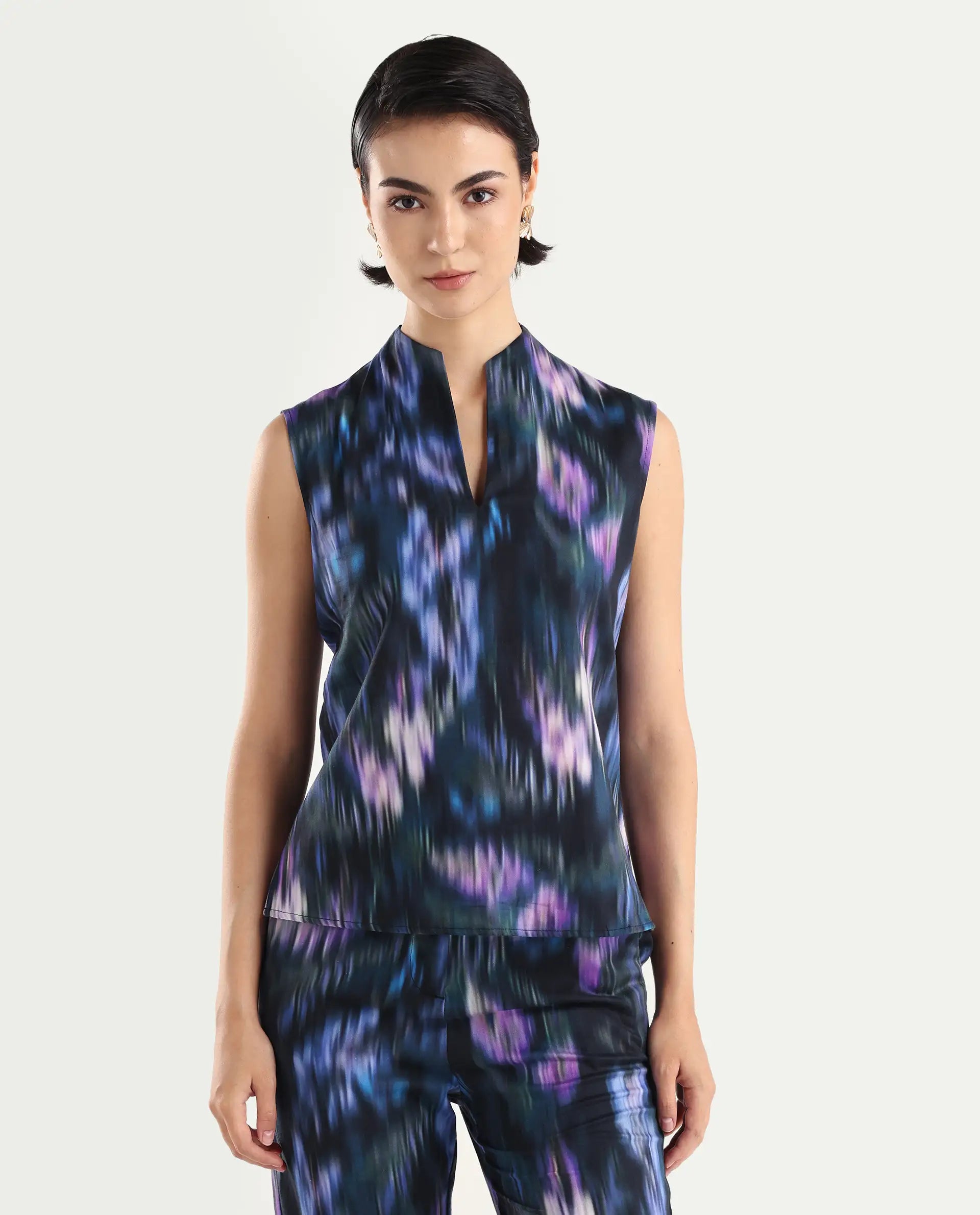 Rareism Women's Nushi T Navy Cotton Build Up Neck Regular Fit Top