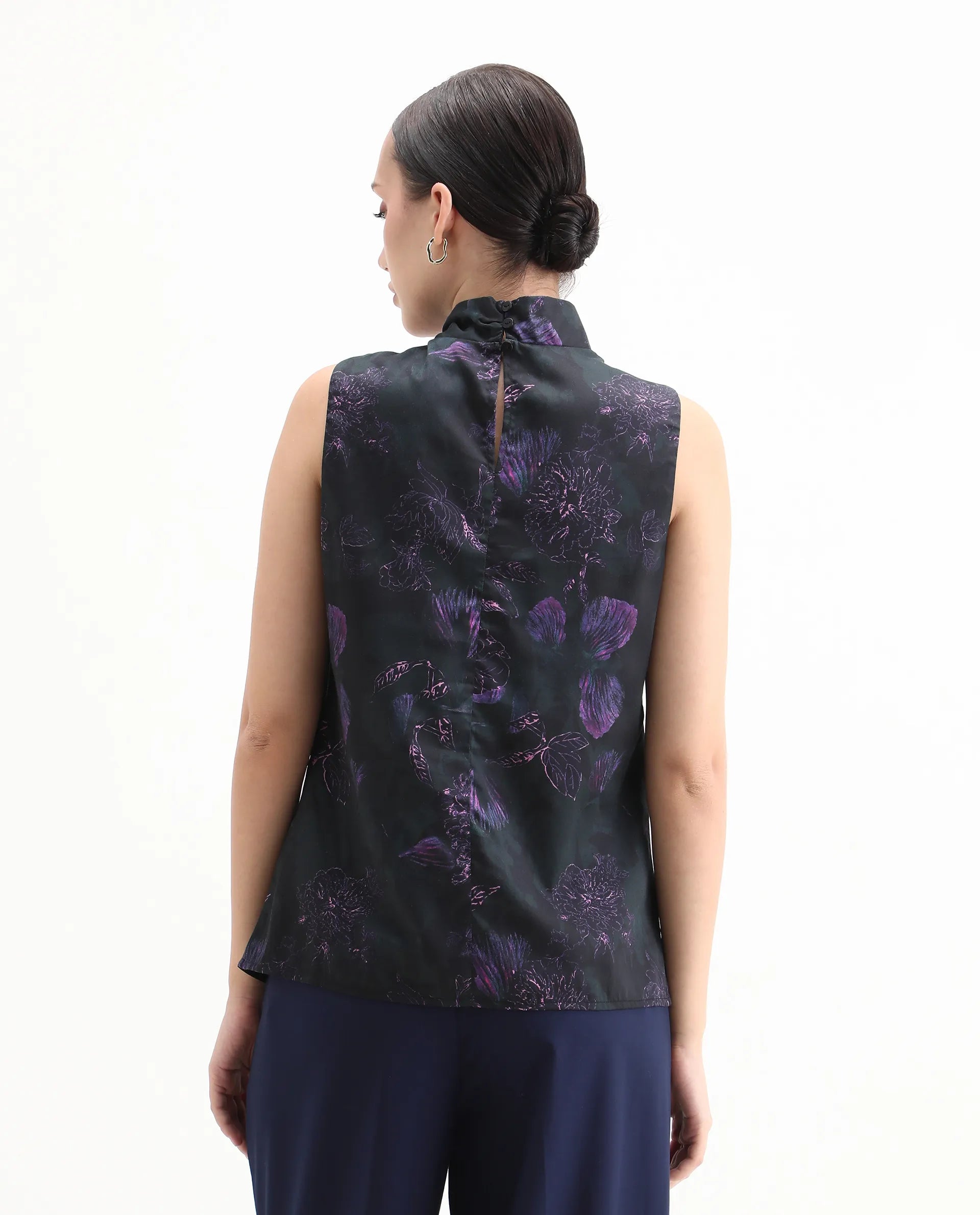 Rareism Women's Nutro Black Cotton Blend Sleeveless Cowl Neck Regular Fit Top