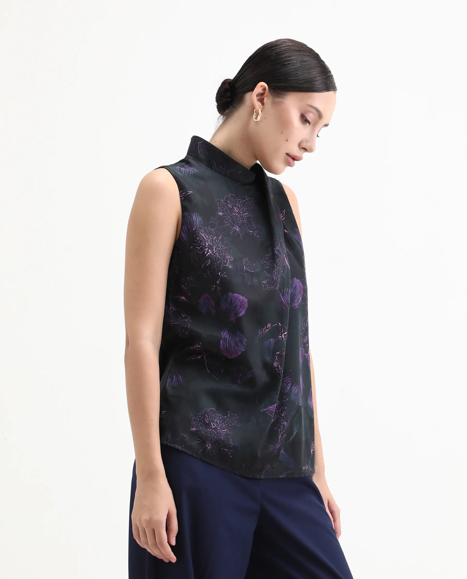 Rareism Women's Nutro Black Cotton Blend Sleeveless Cowl Neck Regular Fit Top