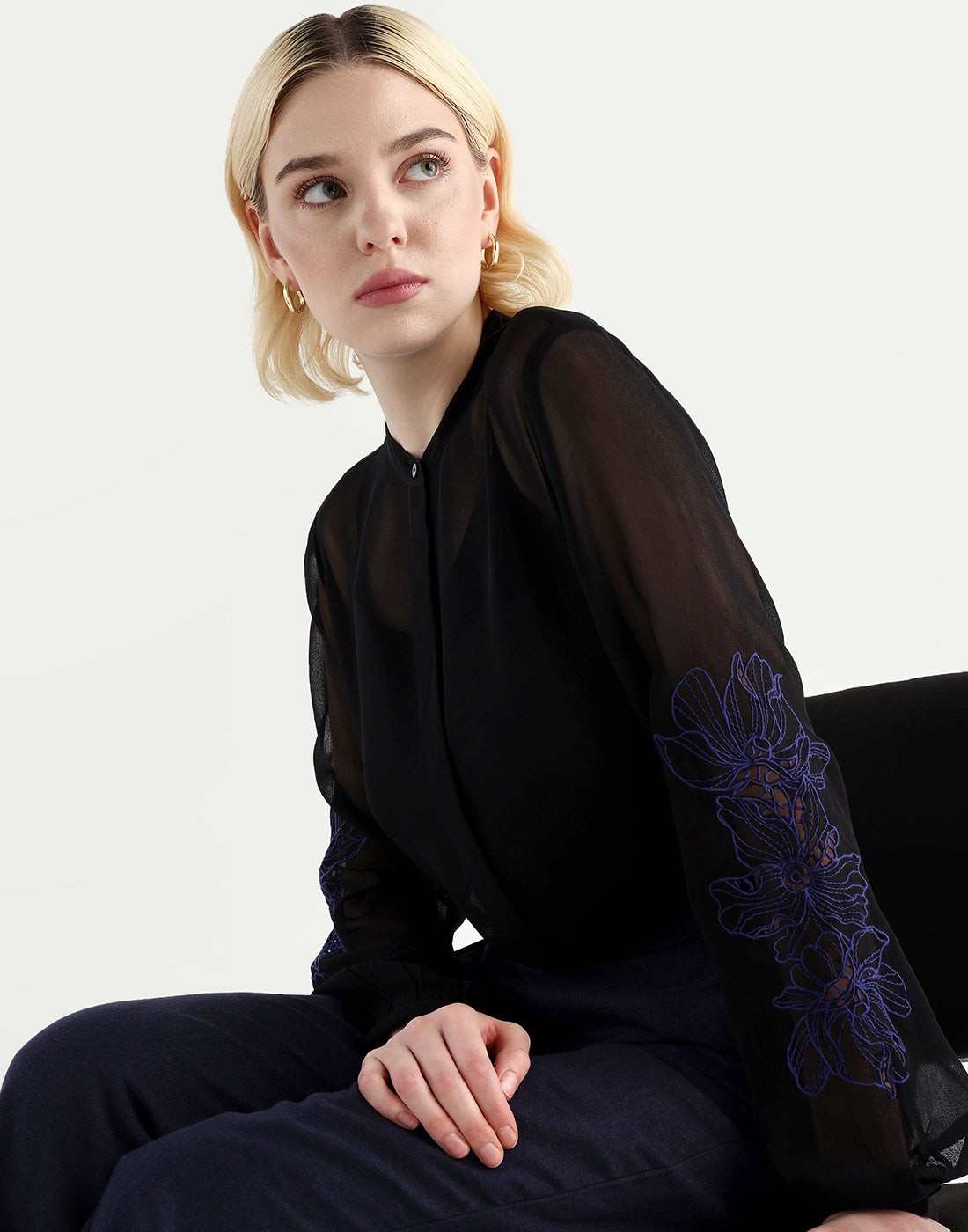 Rareism Women's Nux Black Viscose Full Sleeve Mandarin Collar Regular Fit Top